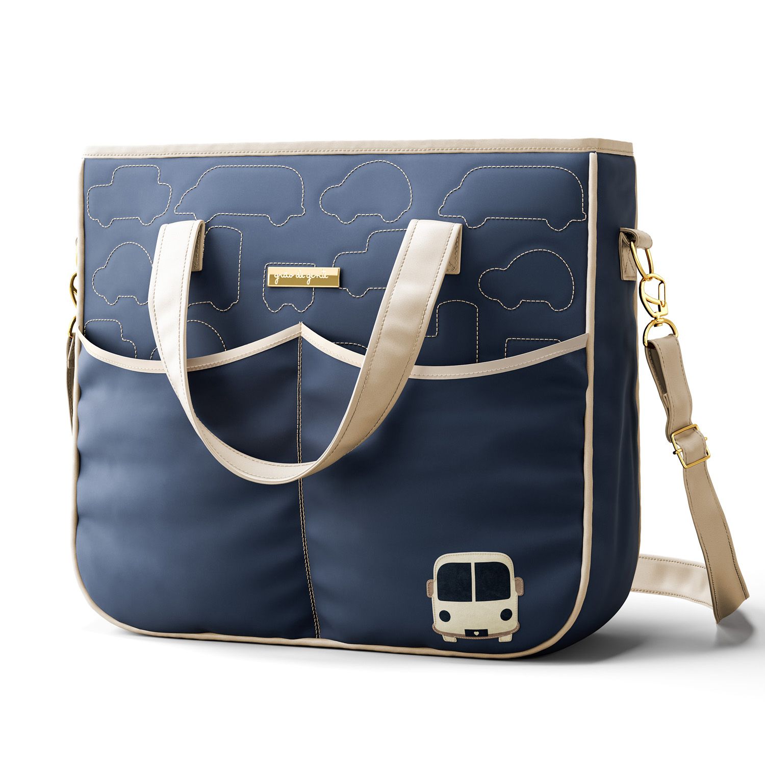 Bolsa Maternidade Tote Carrinhos Ônibus Azul Marinho 37cm