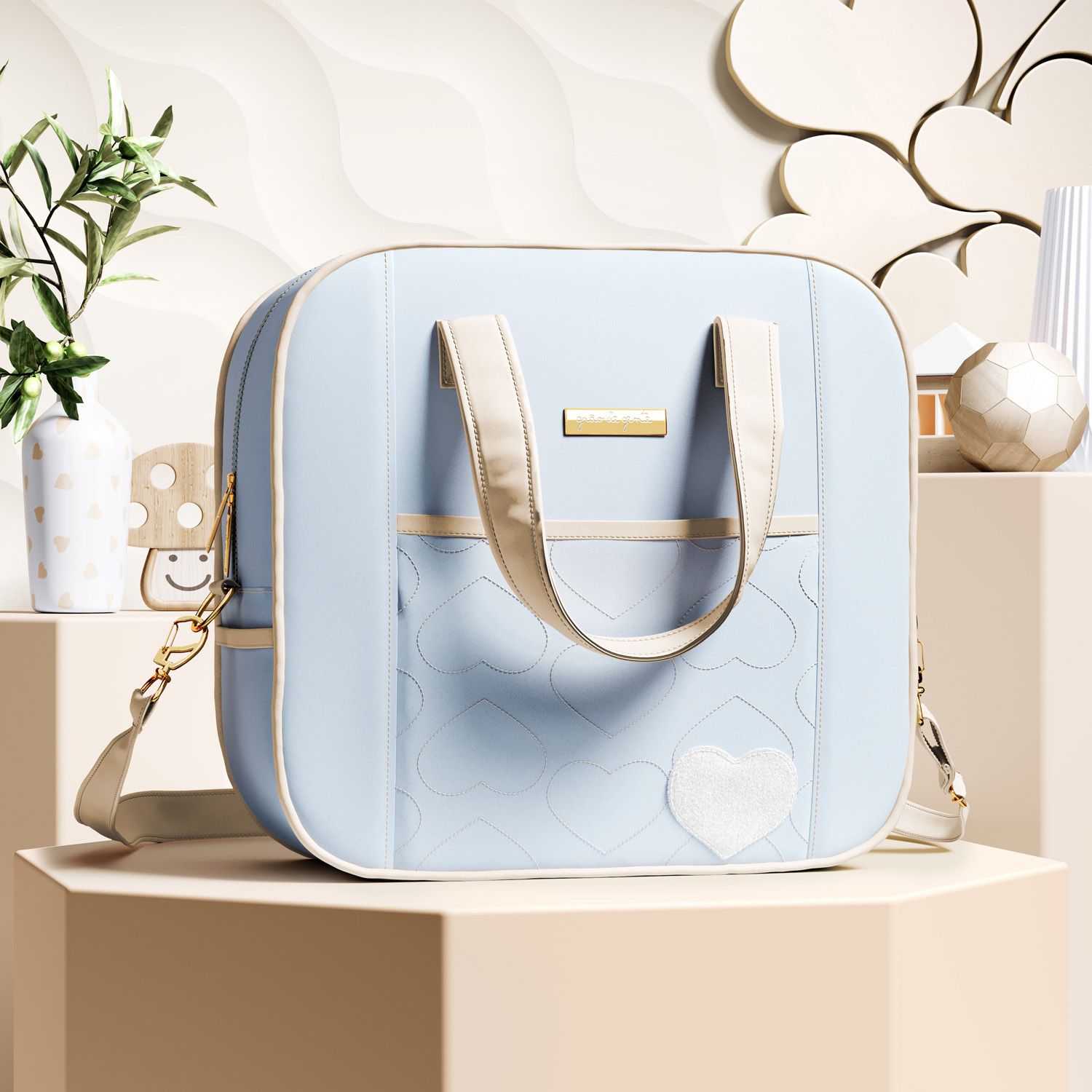 Bolsa Maternidade Coração Rosa e Cinza 34cm