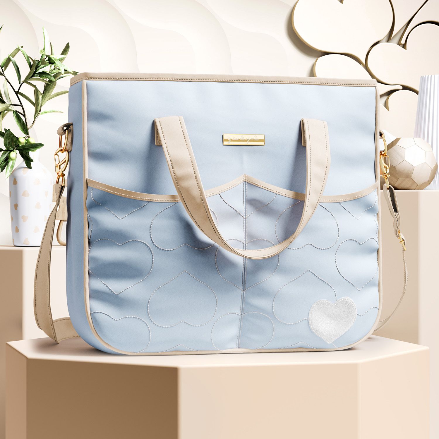 Bolsa Maternidade Tote Coração Rosa e Cinza 37cm