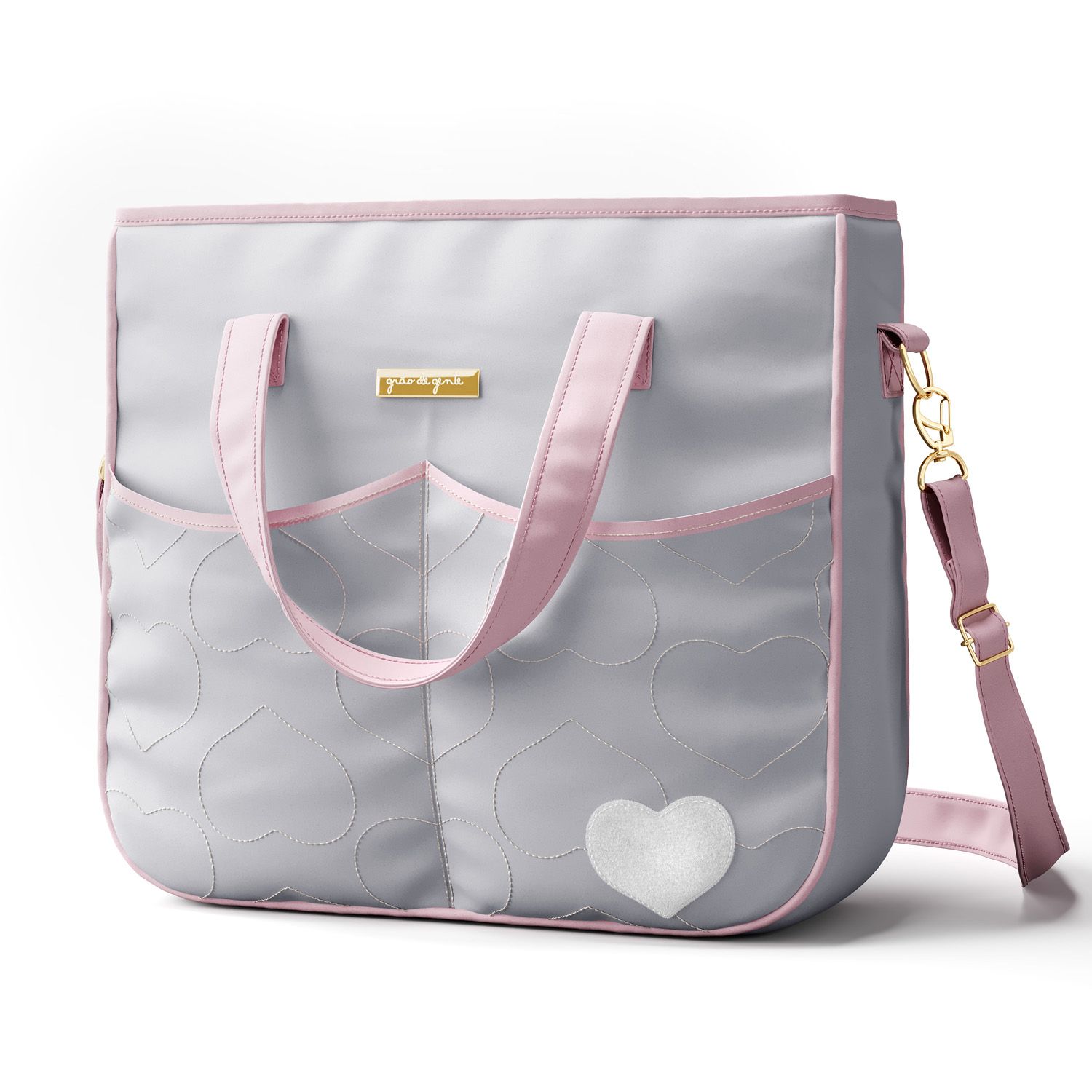 Bolsa Maternidade Tote Coração Rosa e Cinza 37cm