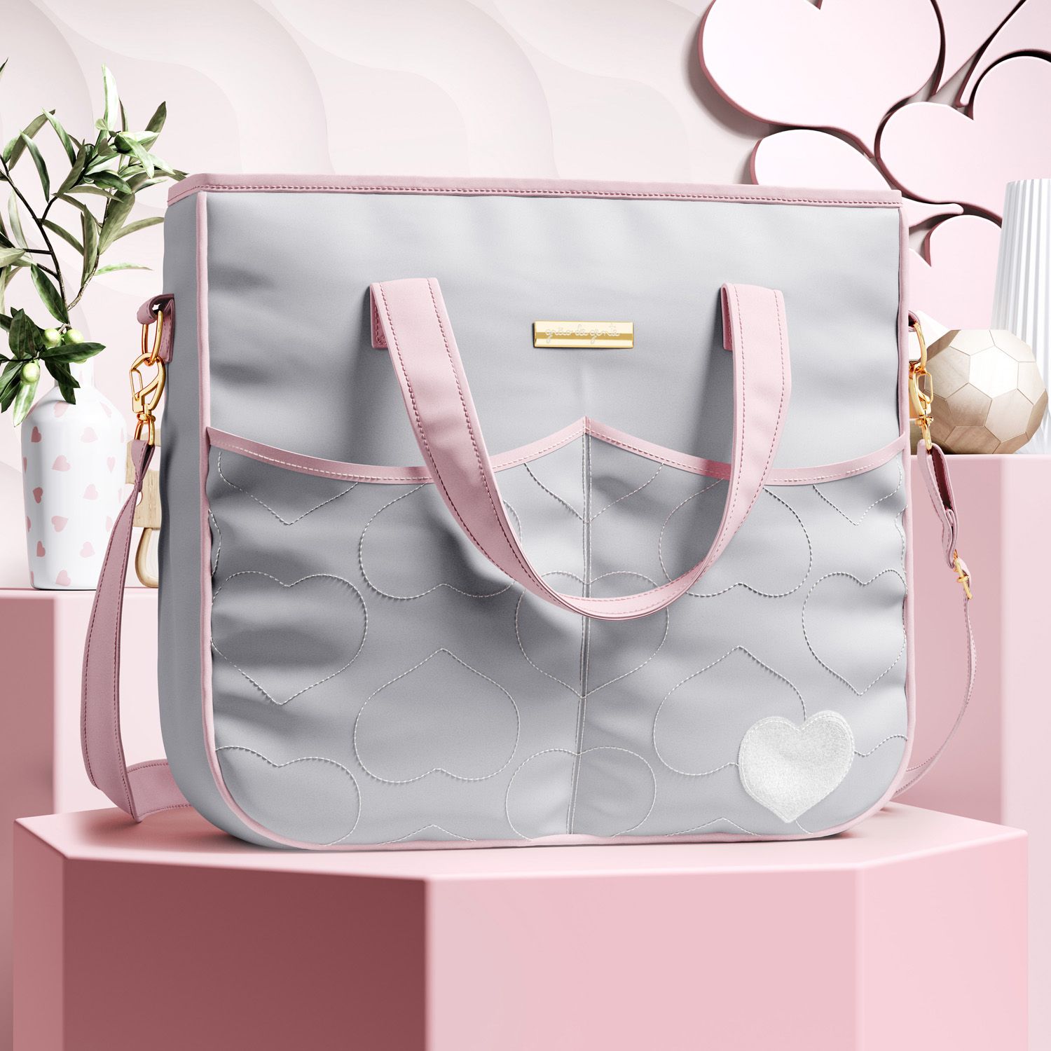 Bolsa Maternidade Tote Coração Rosa e Cinza 37cm