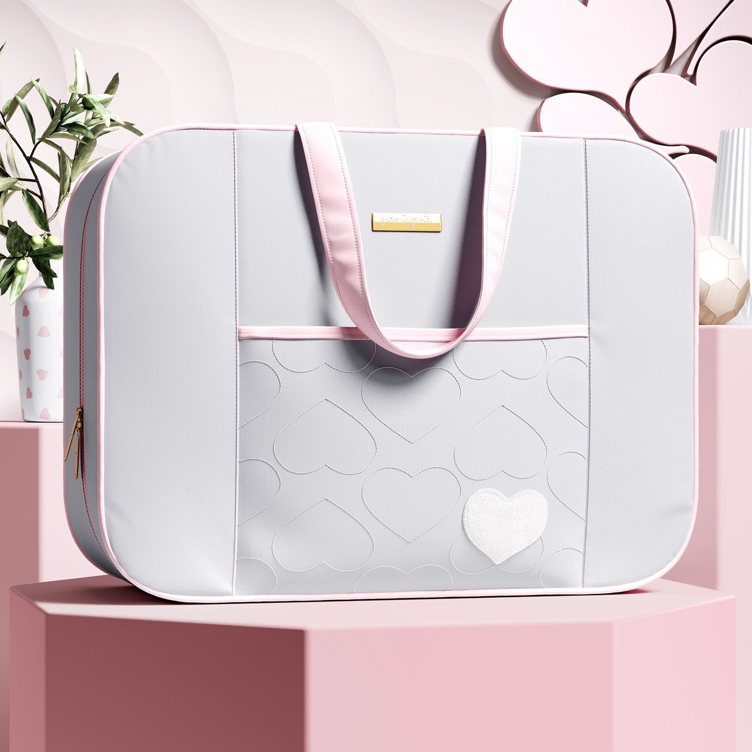 Mala Maternidade Coração Rosa e Cinza 48cm