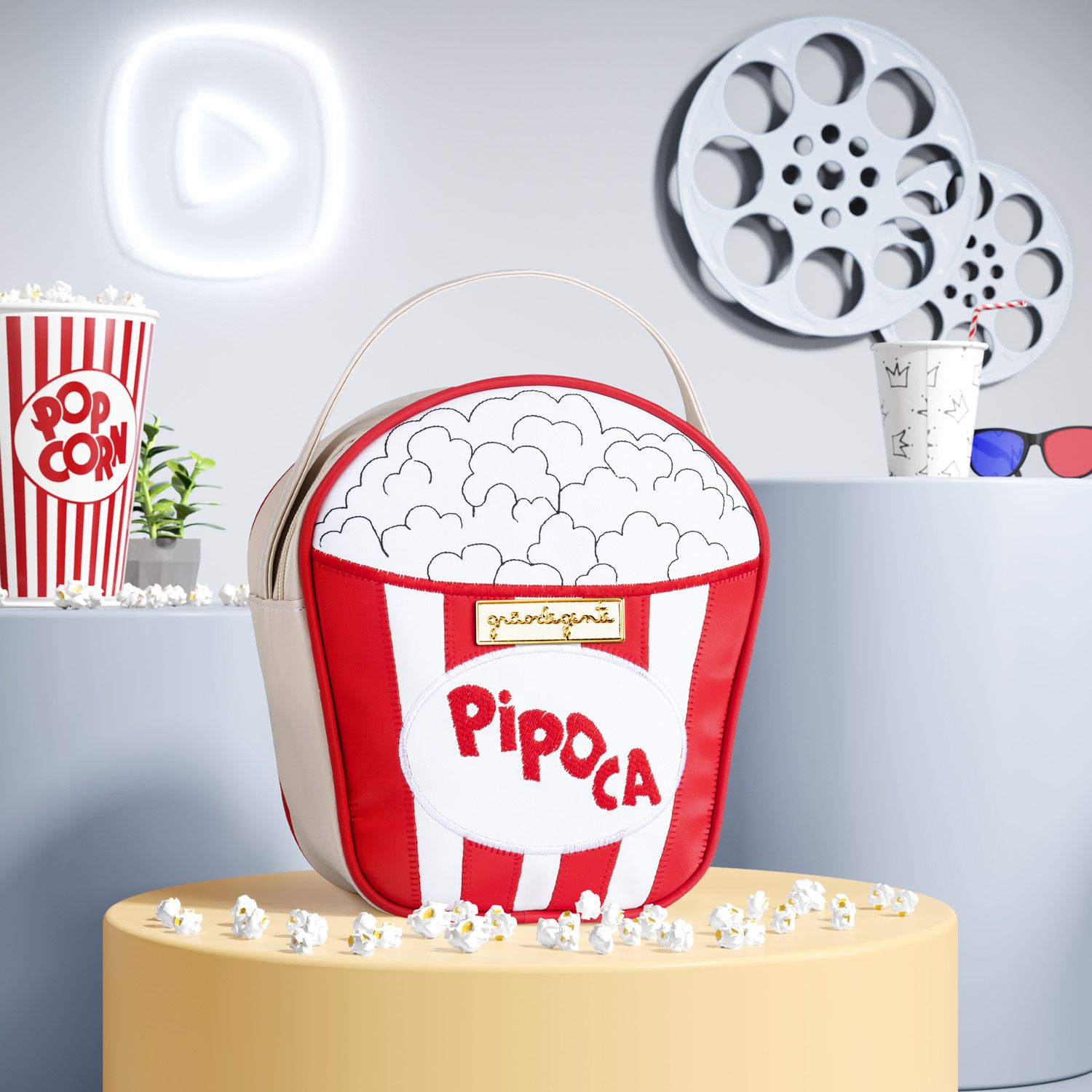 Lancheira Infantil Pipoca Branco e Vermelho 21cm