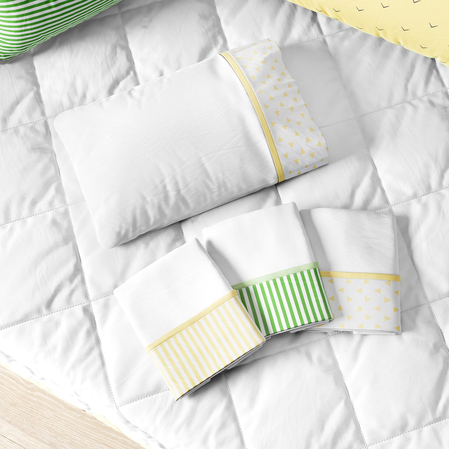 Jogo de Fronhas com Estampas Geométricas Amarelo e Verde 3 Peças