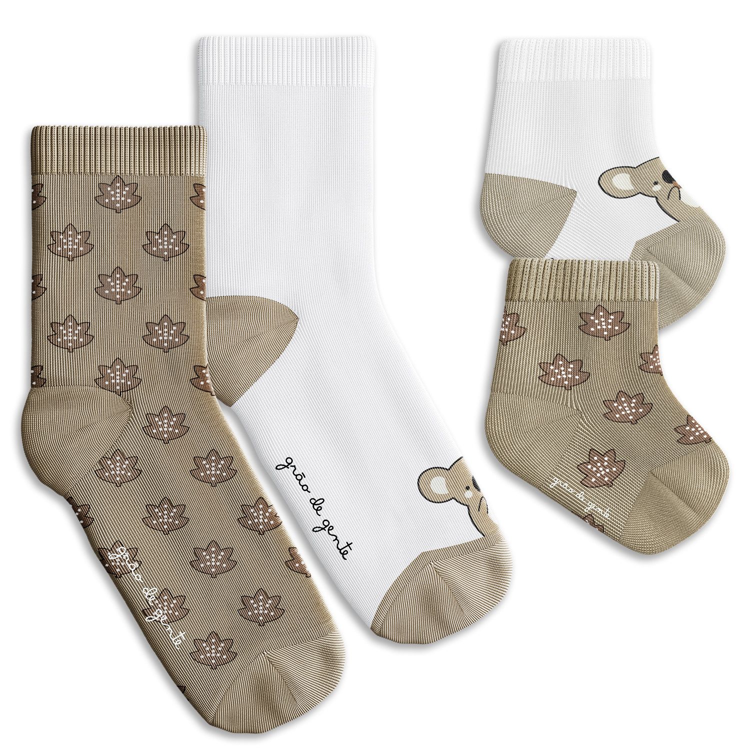 Kit Meia Bebê Tal Pai Tal Filho Trocapé Coala e Folhas Café com Leite 4 Pares Tam 13 ao 20 e 39 ao 43