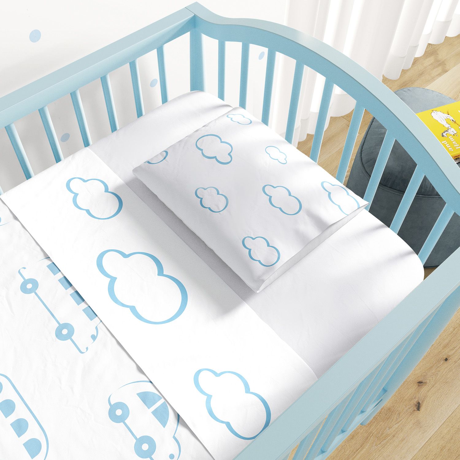 Jogo de Lençol Berço Nuvens e Carrinhos Azul 3 peças