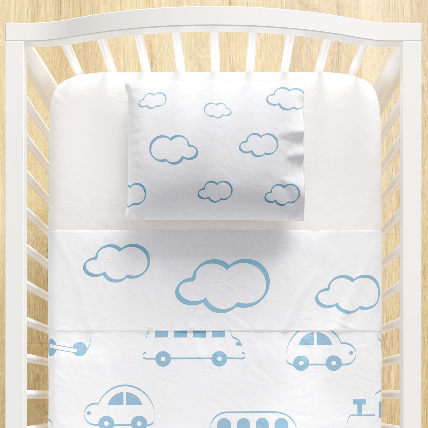 Jogo de Lençol Berço Nuvens e Carrinhos Azul 3 peças