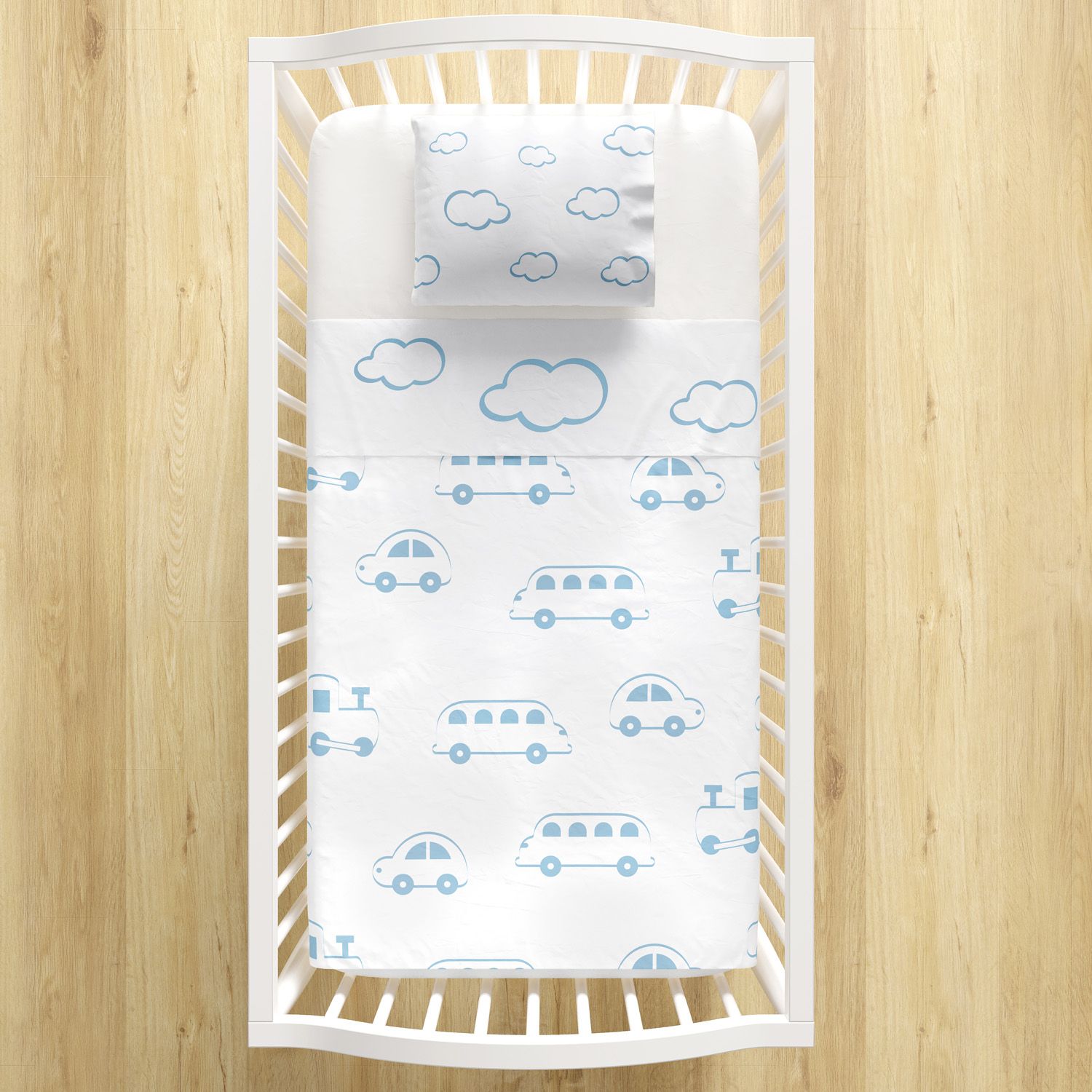 Jogo de Lençol Berço Nuvens e Carrinhos Azul 3 peças
