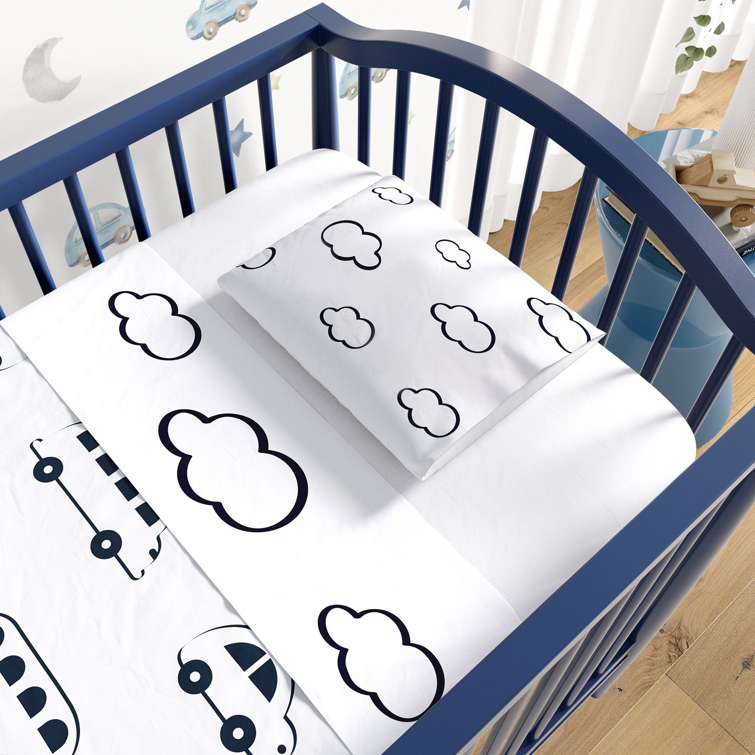 Jogo de Lençol Berço Nuvens e Carrinhos Azul 3 peças