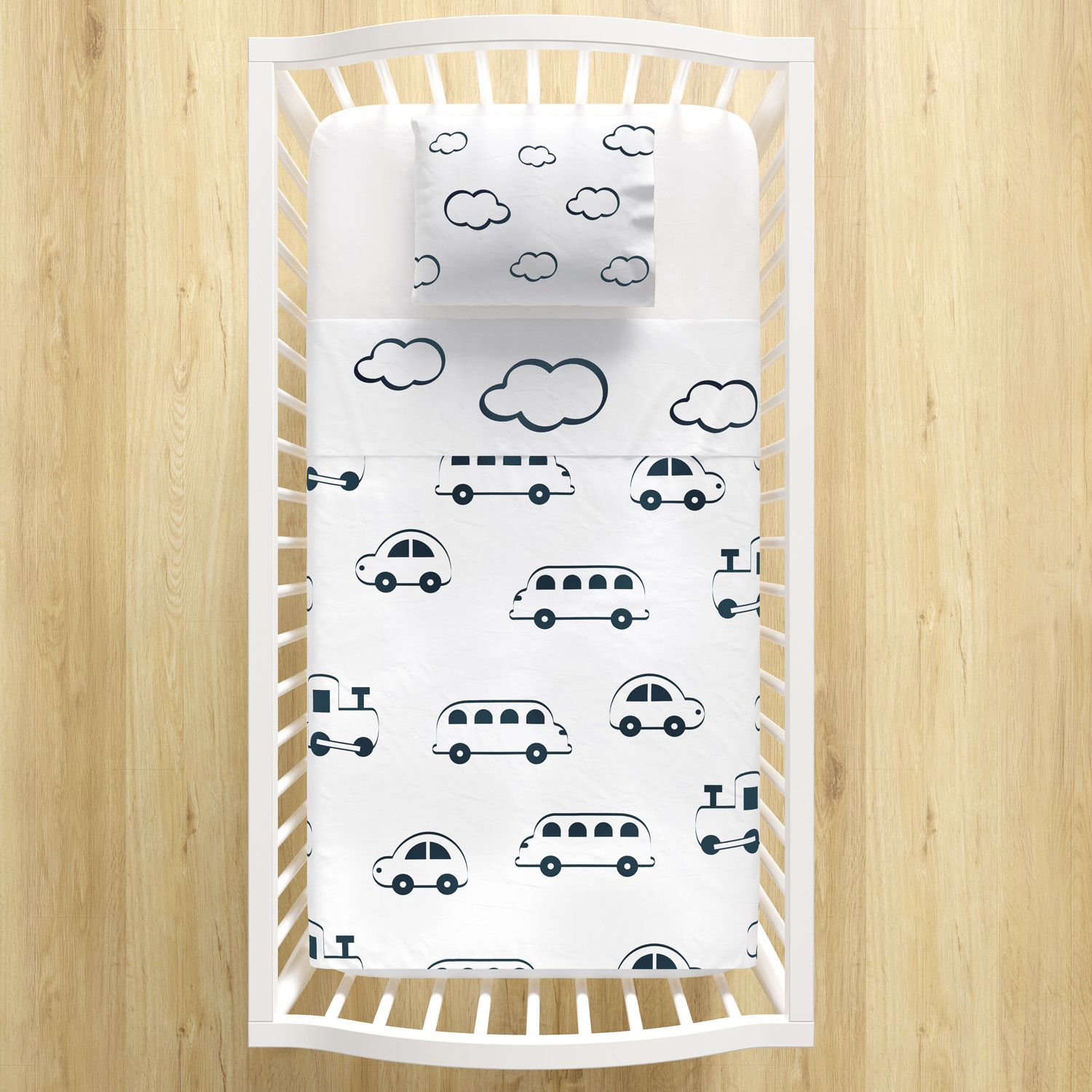 Jogo de Lençol Berço Nuvens e Carrinhos Azul 3 peças