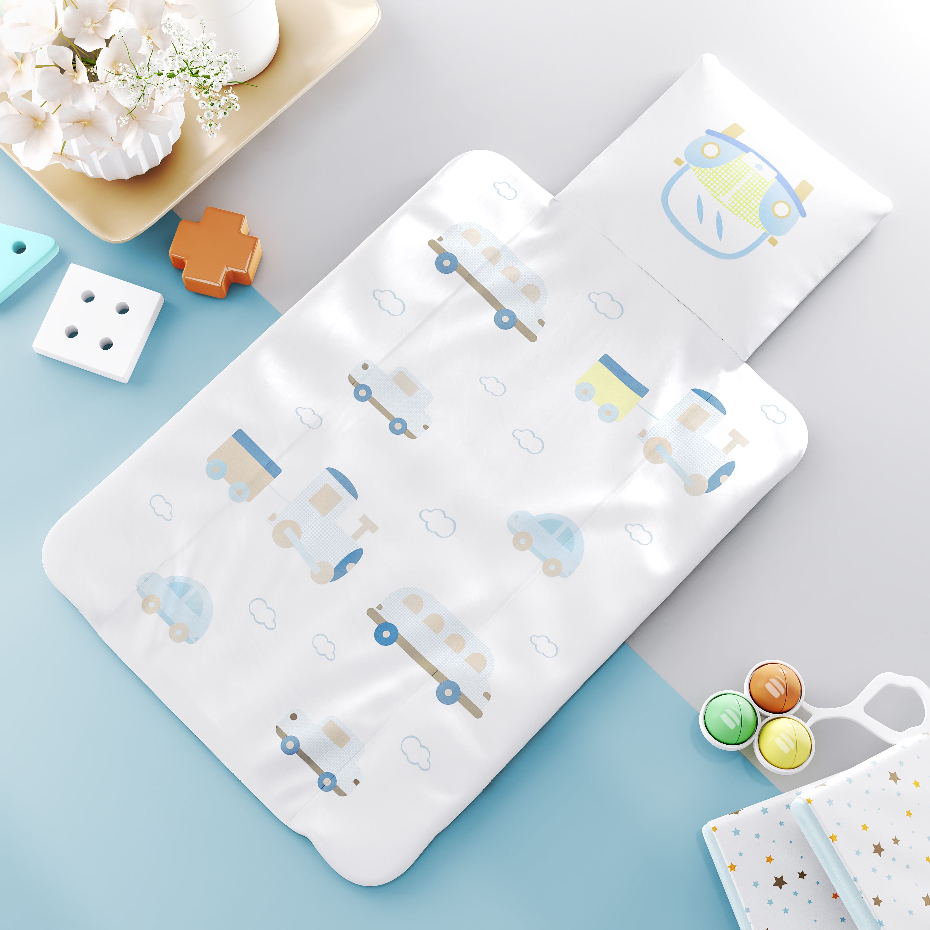 Trocador de Fraldas Portátil Carrinhos e Trenzinho Azul 73x40cm