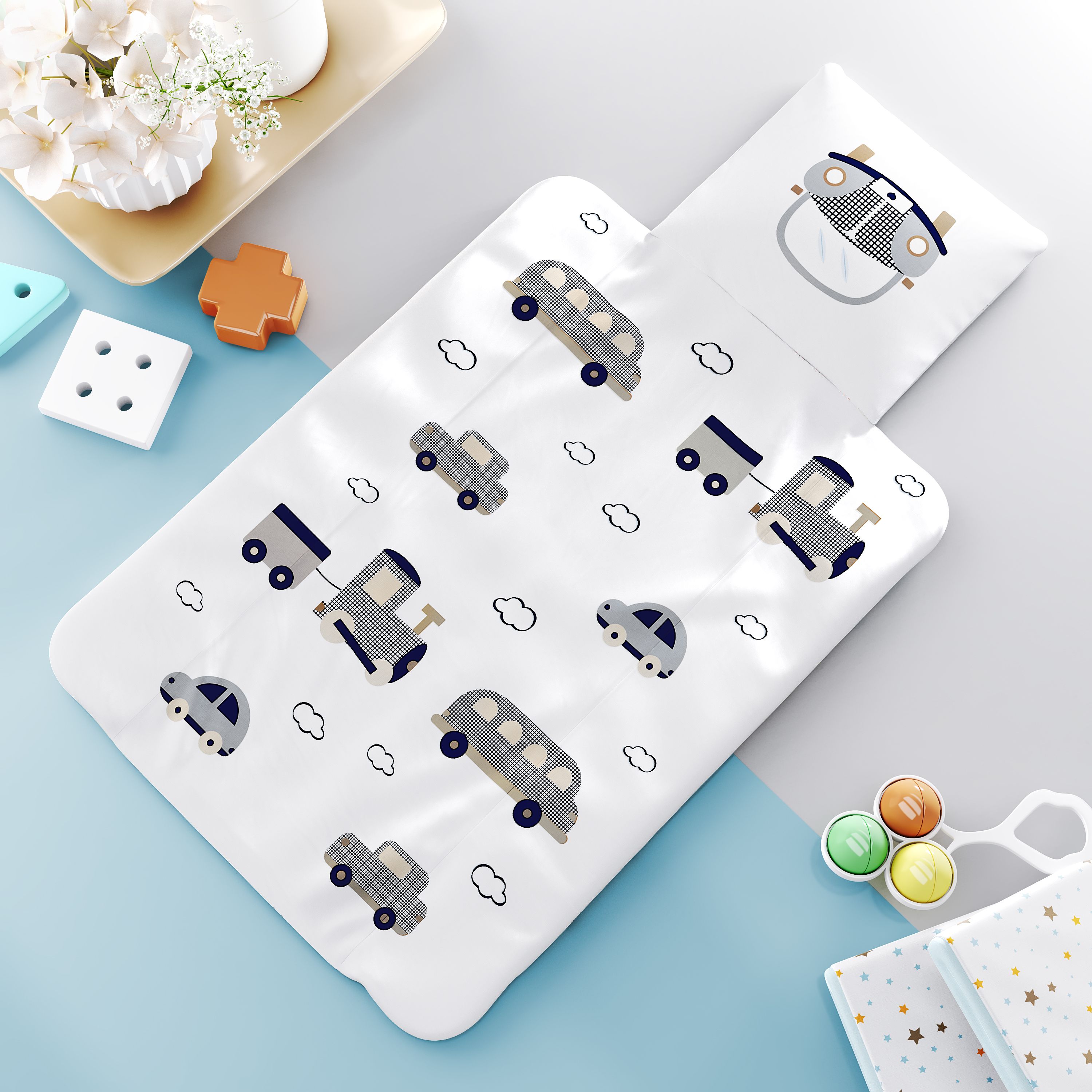 Trocador de Fraldas Portátil Carrinhos e Trenzinho Azul 73x40cm