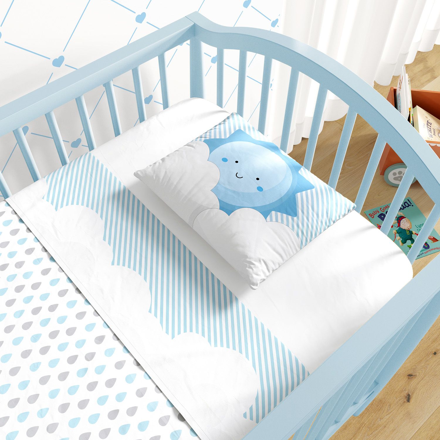 Jogo de Lençol Berço Nuvem de Algodão Azul 3 peças