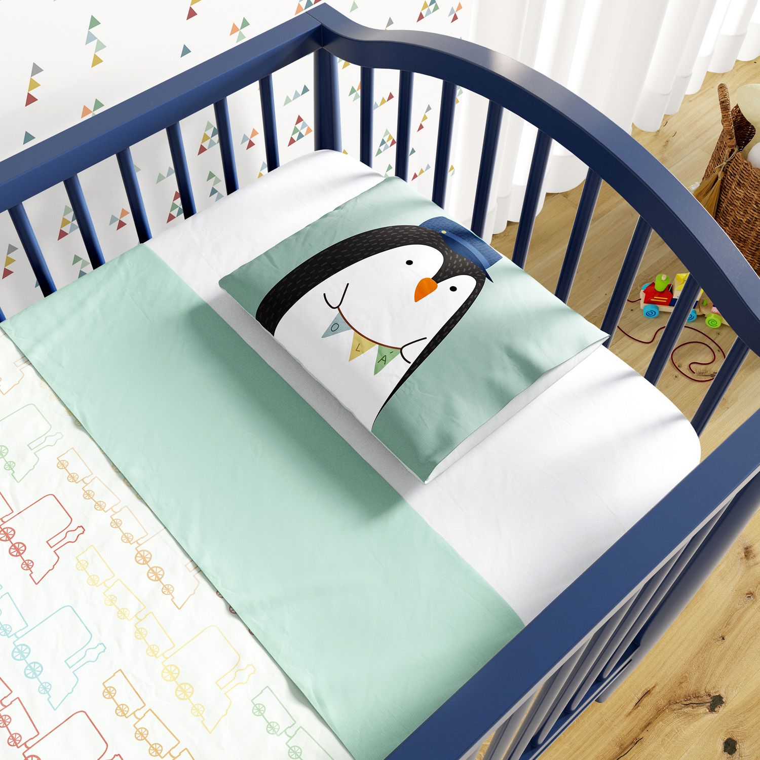 Jogo de Lençol Berço Pinguim Maquinista 3 peças