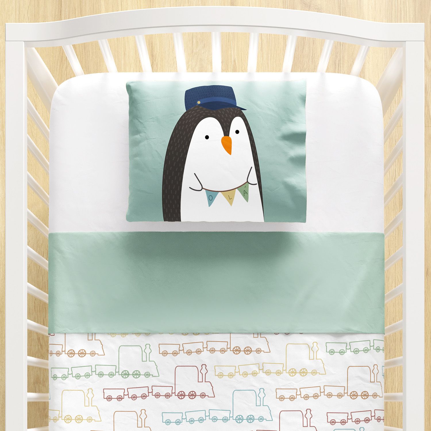 Jogo de Lençol Berço Pinguim Maquinista 3 peças