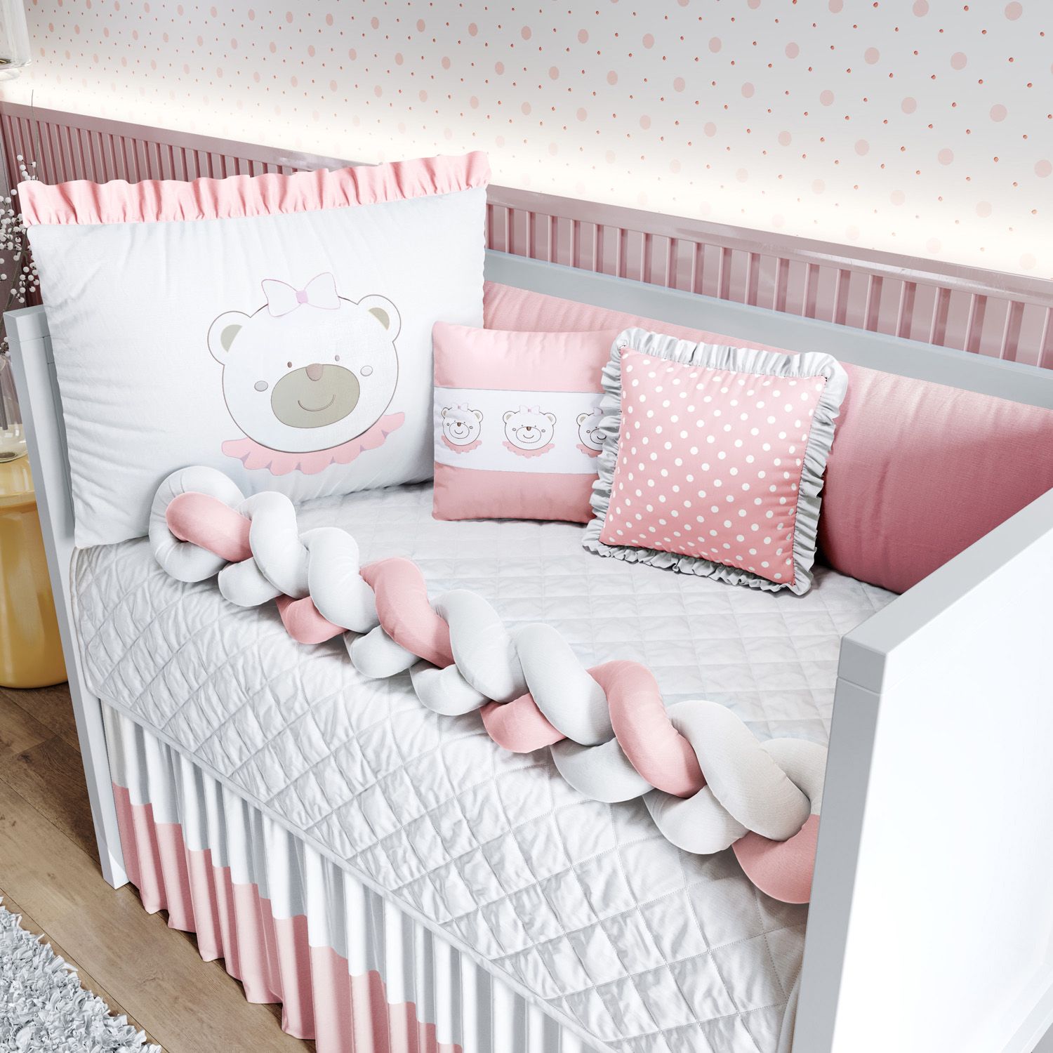 Kit Berço Trança Ursinha Rosa