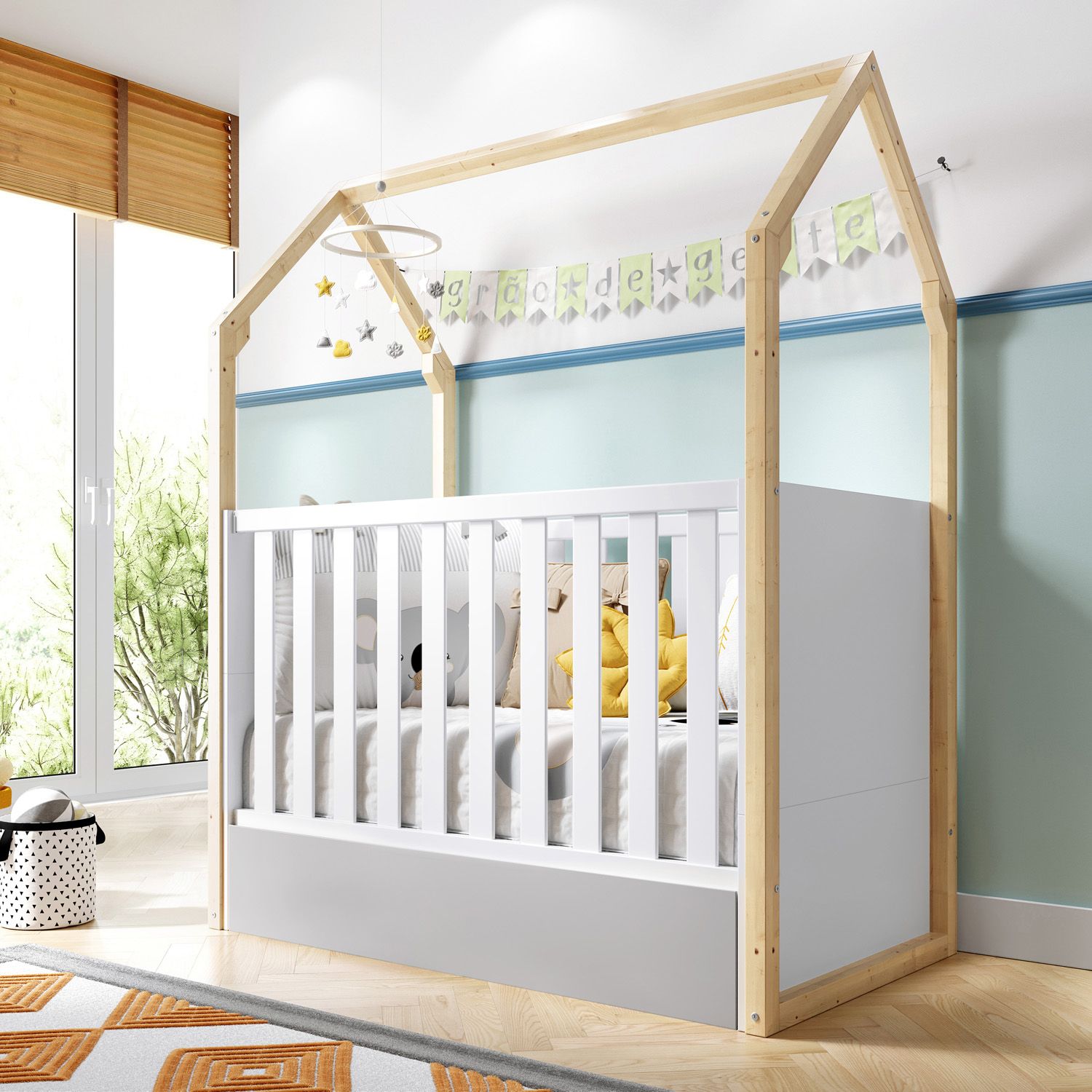 Berço Americano Madeira Casinha Aquarela