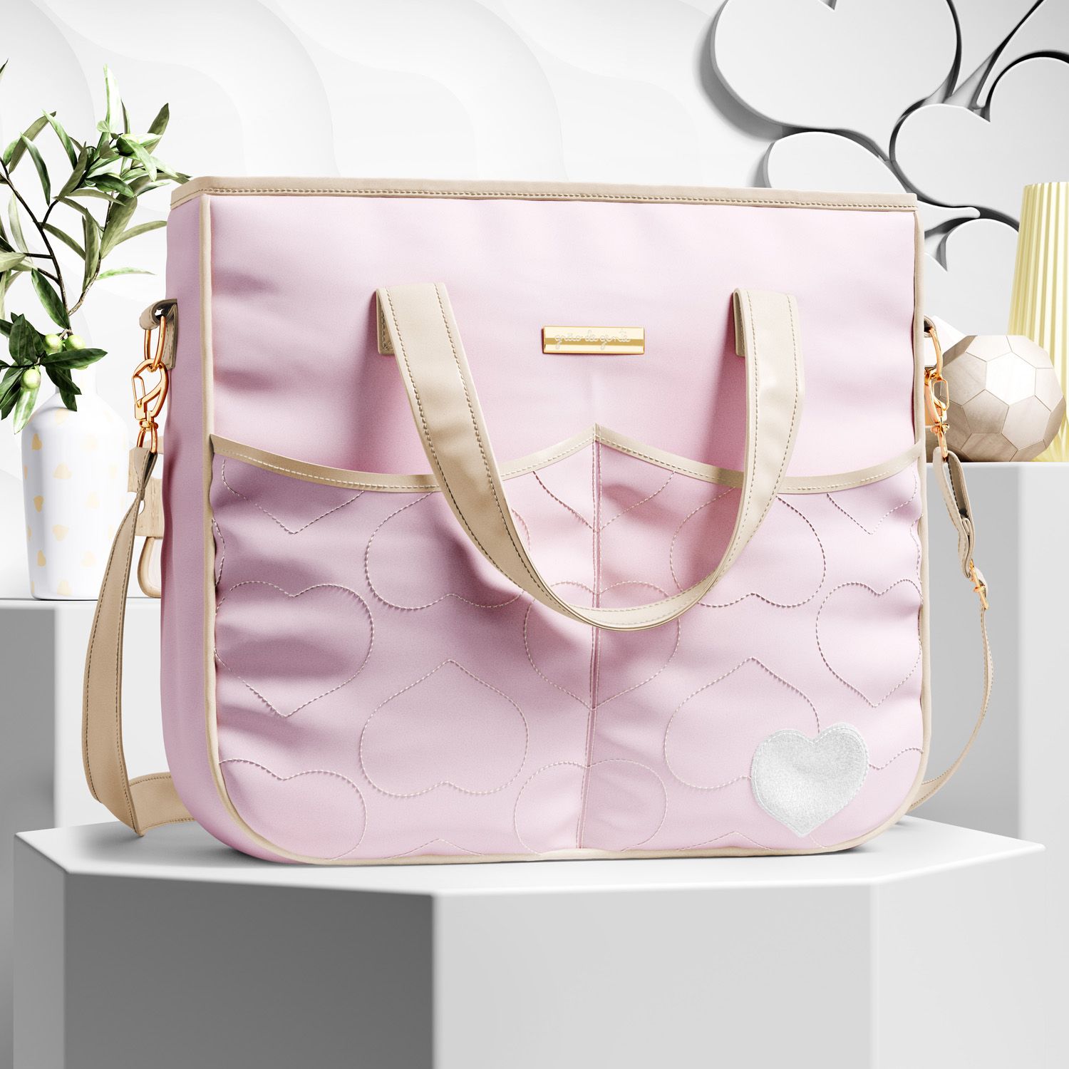 Bolsa Maternidade Tote Coração Rosa e Cinza 37cm