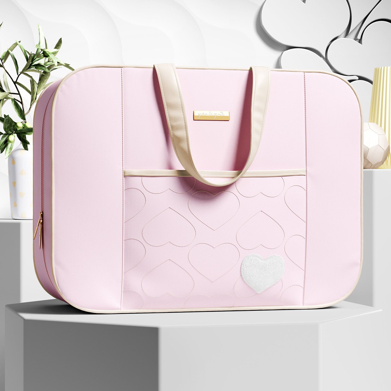 Mala Maternidade Coração Rosa e Cinza 48cm