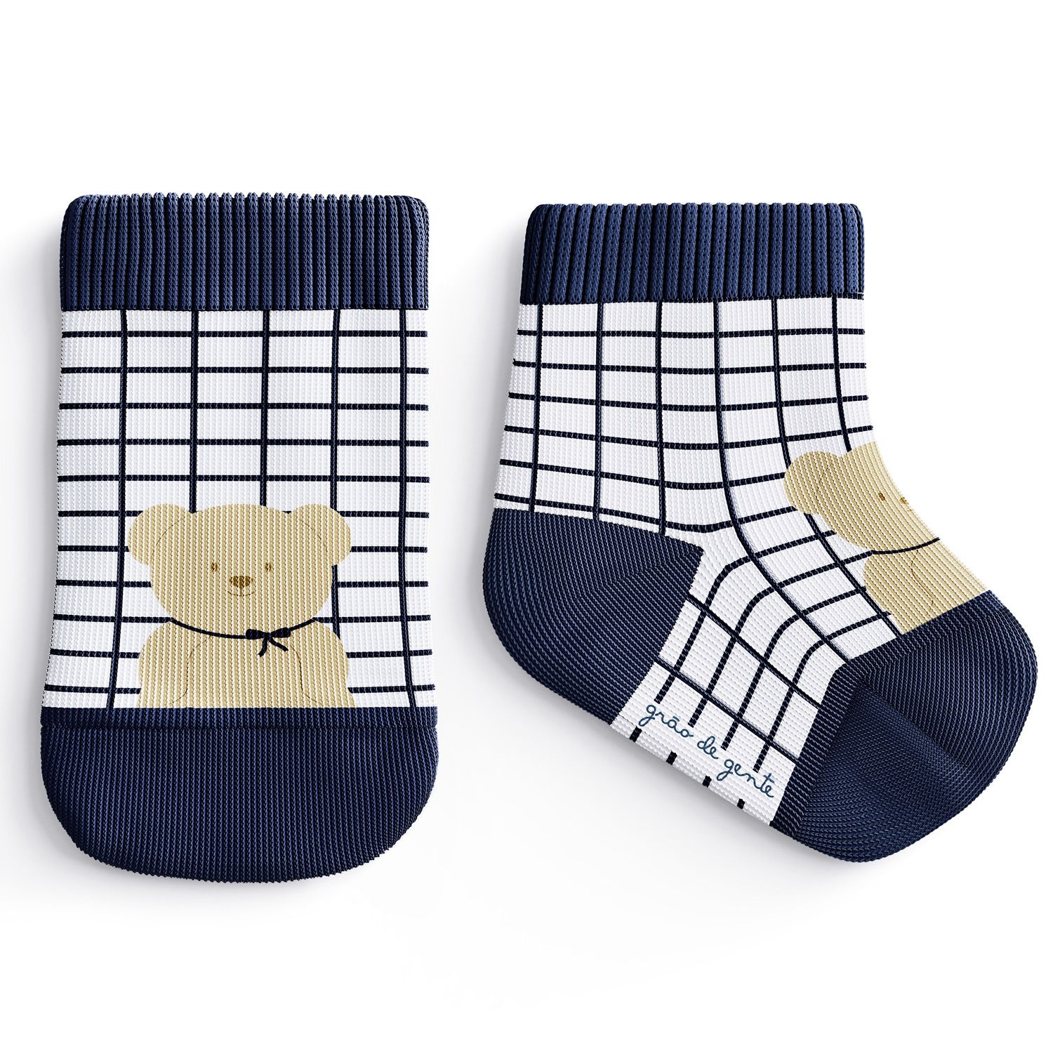 Meia Bebê Ursinho Grid Azul Marinho