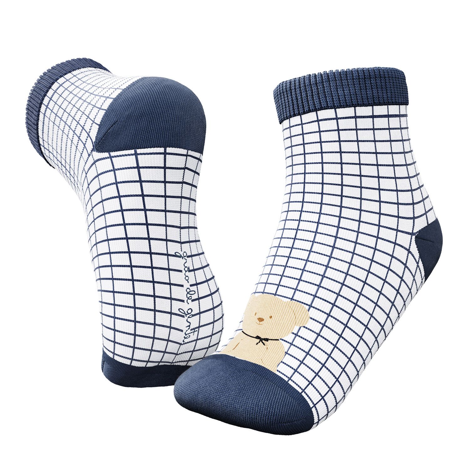 Meia Bebê Ursinho Grid Azul Marinho