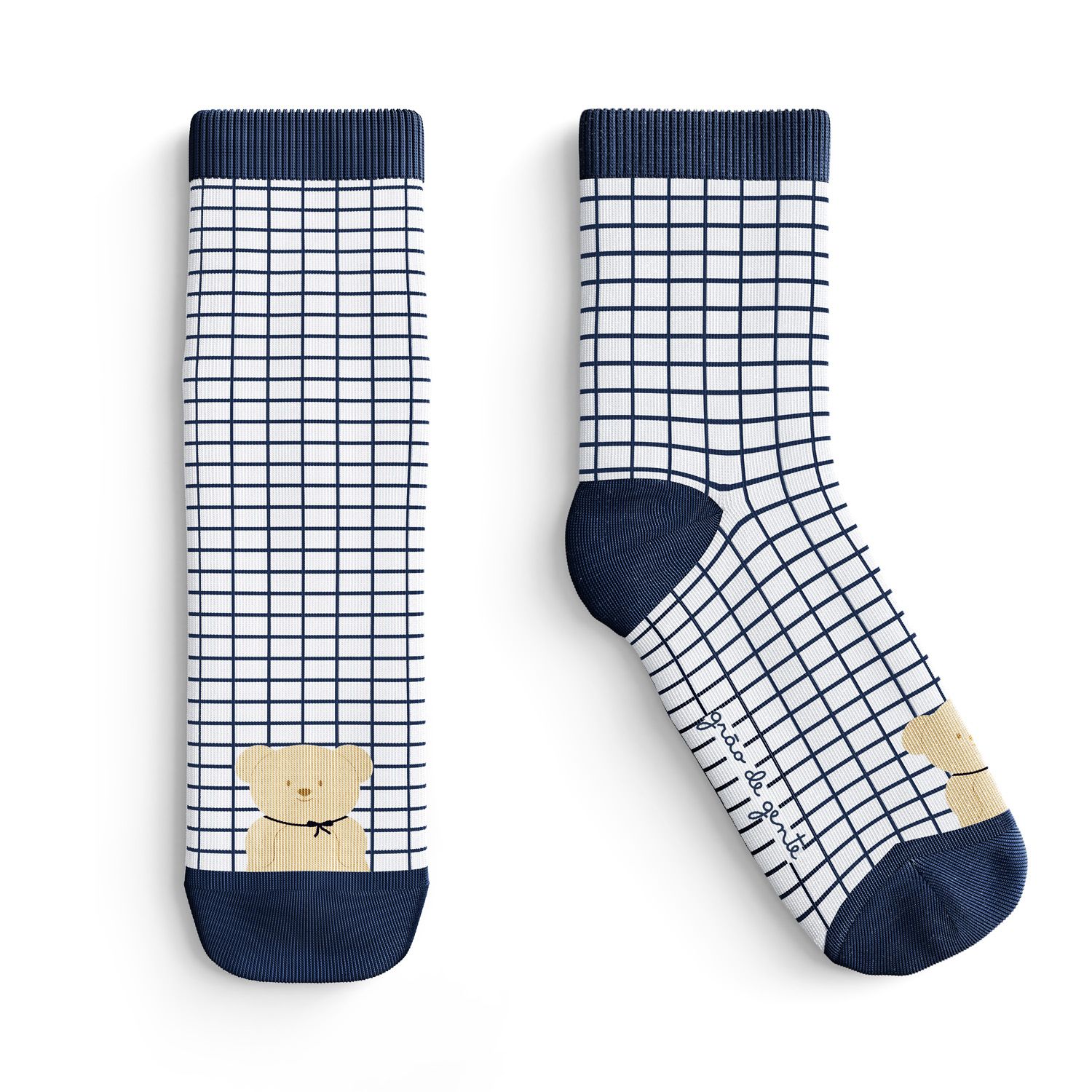 Meia Bebê Ursinho Grid Azul Marinho