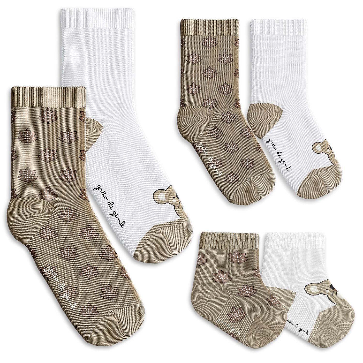 Kit Meia Tal Pai Tal Filhos Trocapé Coala e Folhas Café com Leite 6 Pares Tam 13/20, 25/28 e 39/43 — imagem 1 de 9