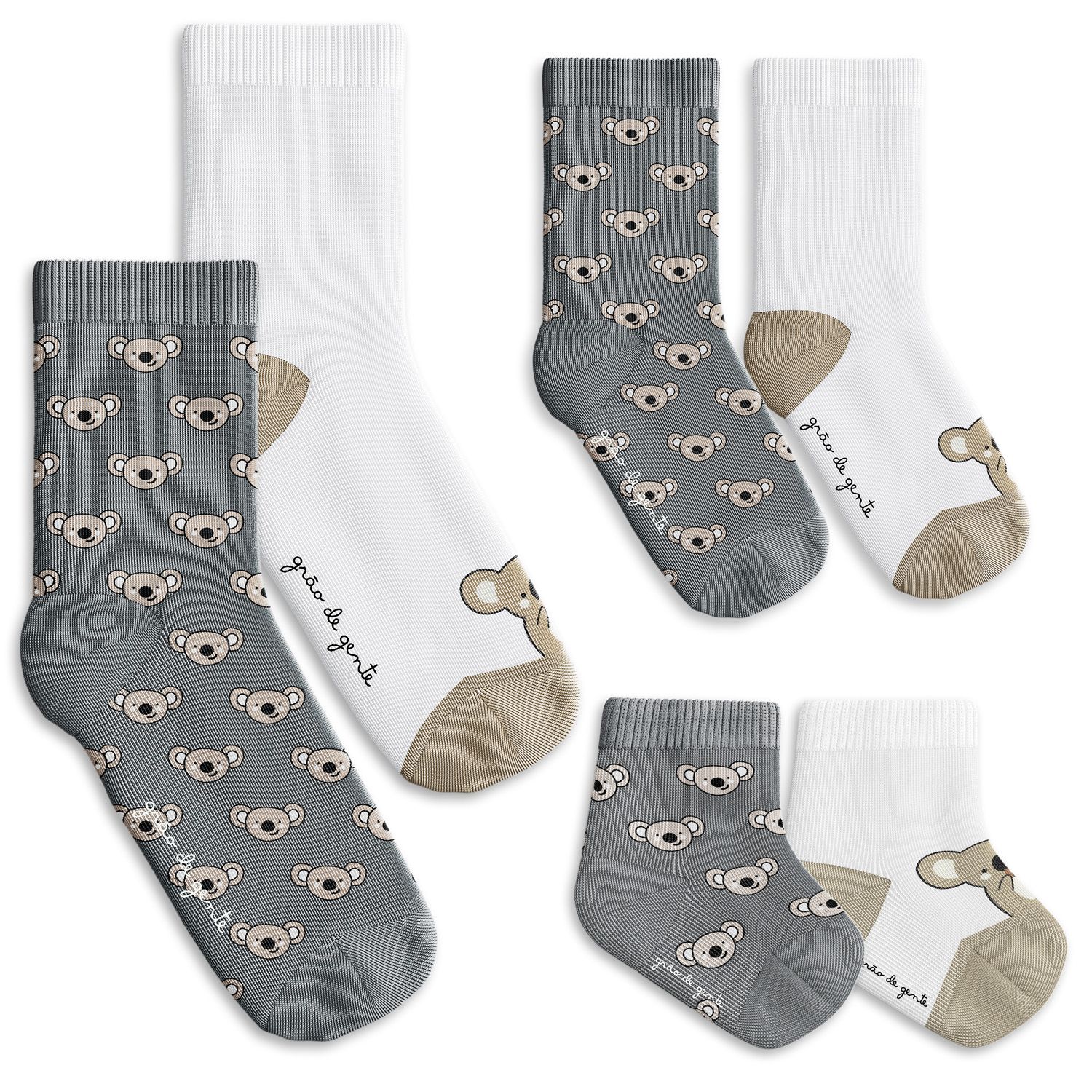 Kit Meia Tal Pai Tal Filhos Trocapé Coala Cinza e Branco 6 Pares Tam 13/20, 25/28 e 39/43