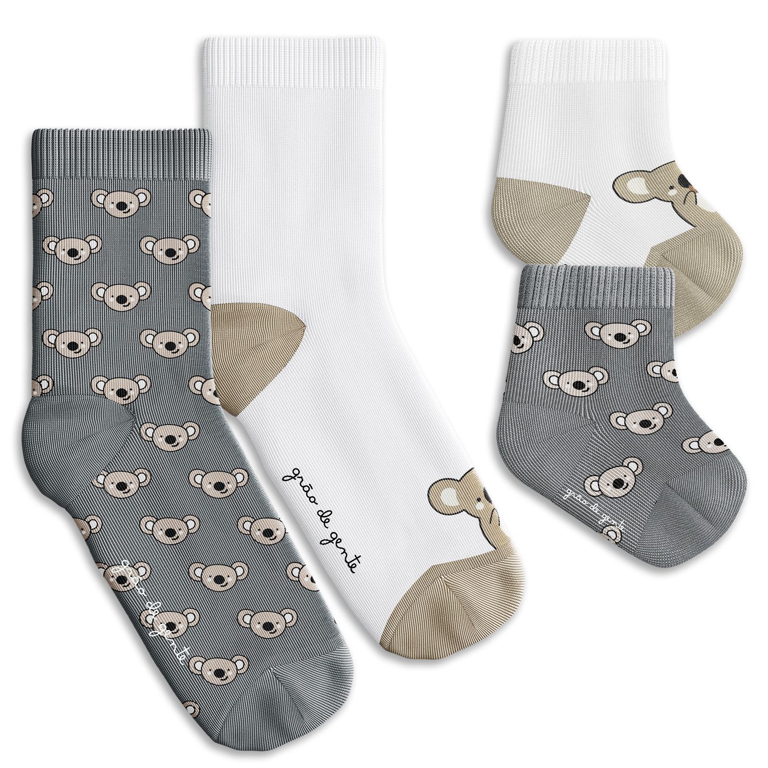 Kit Meia Bebê Tal Pai Tal Filho Trocapé Coala Cinza e Branco 4 Pares Tam 13/20 e 39/43