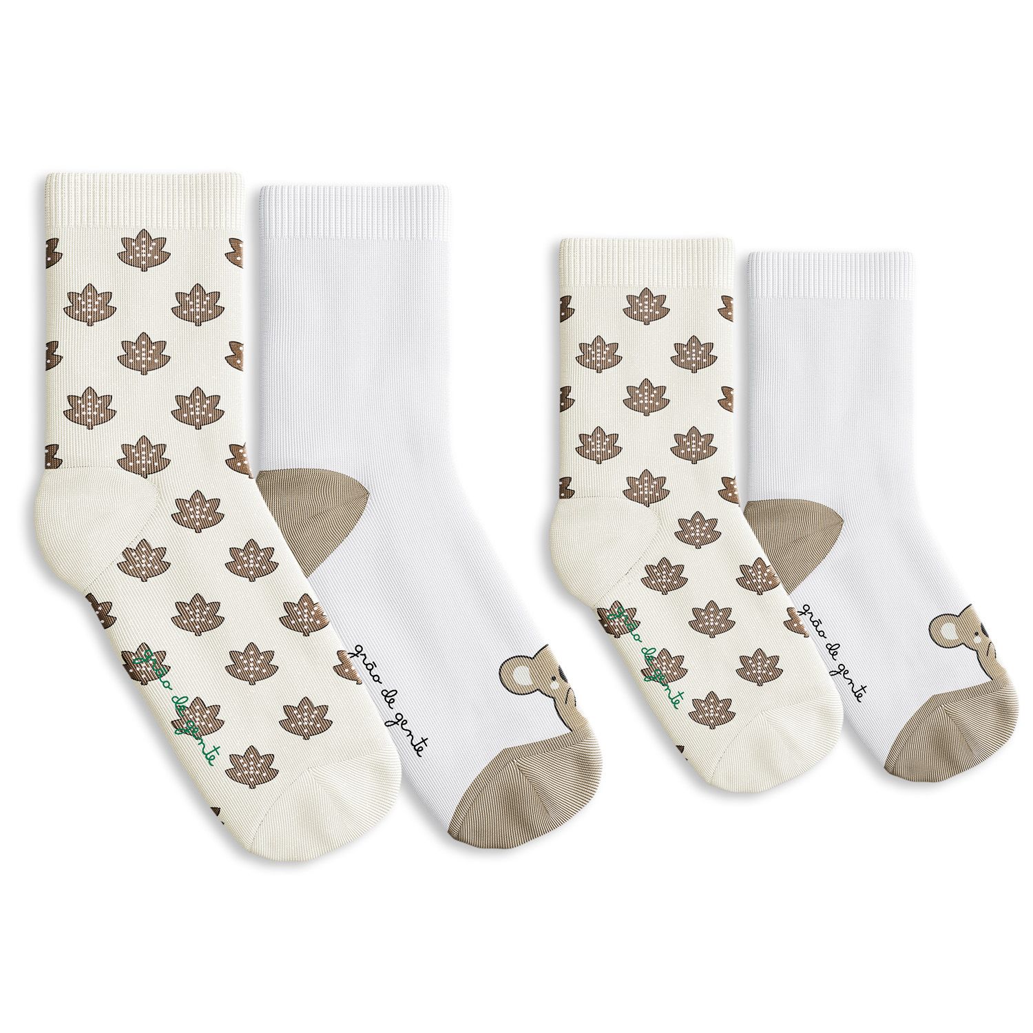 Kit Meia Bebê Tal Pai Tal Filho Trocapé Coala e Folhas Off White 4 Pares Tam 13/20 e 39/43