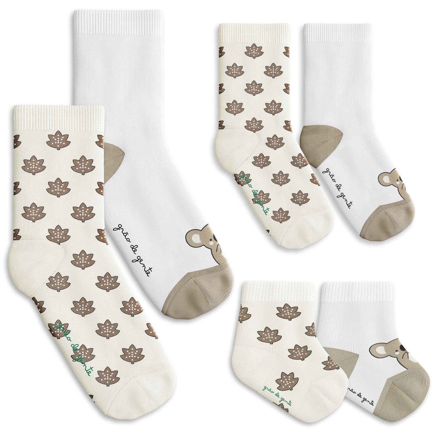 Kit Meia Tal Pai Tal Filhos Trocapé Coala e Folhas Off White 6 Pares Tam 13/20, 25/28 e 39/43