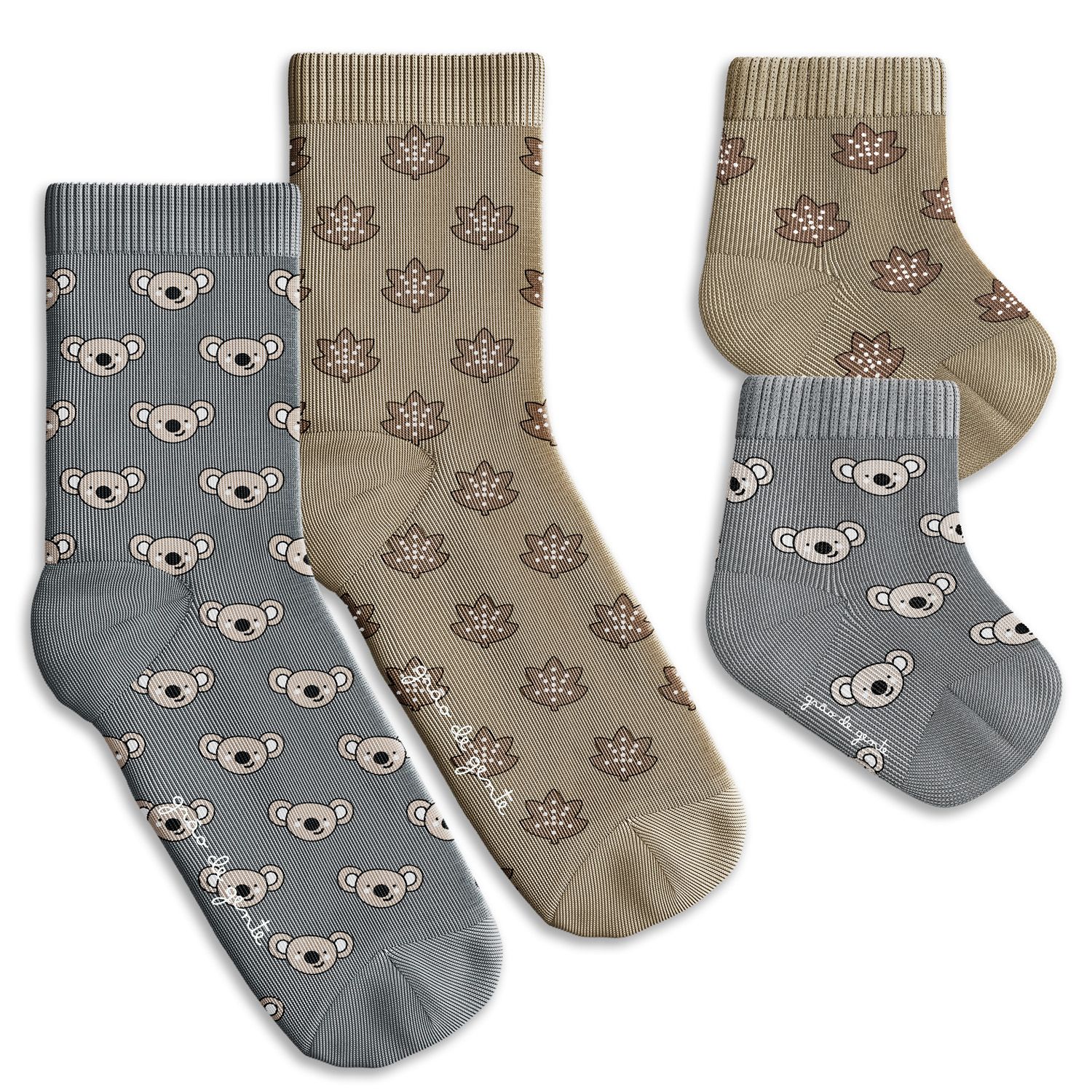 Kit Meia Bebê Tal Pai Tal Filho Trocapé Coala e Folhas Cinza 4 Pares Tam 13/20 e 39/43