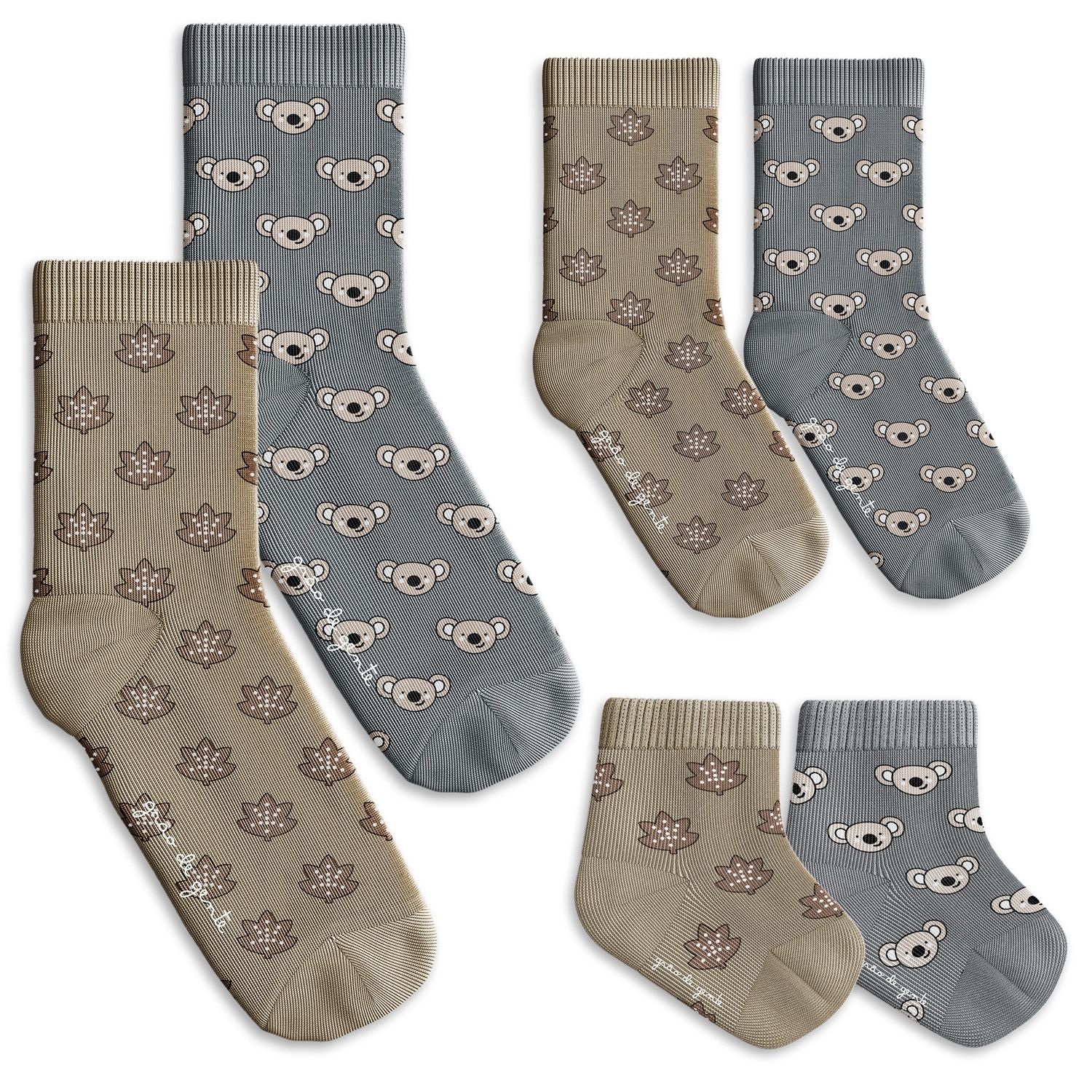 Kit Meia Tal Pai Tal Filhos Trocapé Coala e Folhas Cinza 6 Pares Tam 13/20, 25/28 e 39/43