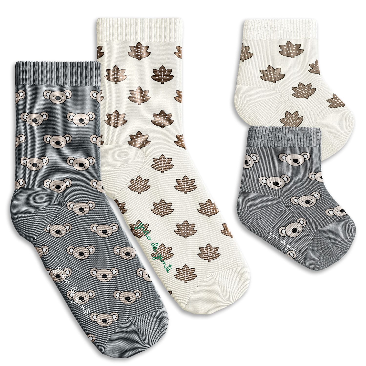 Kit Meia Bebê Tal Pai Tal Filho Trocapé Coala e Folhas Cinza e Off White 4 Pares Tam 13/20 e 39/43