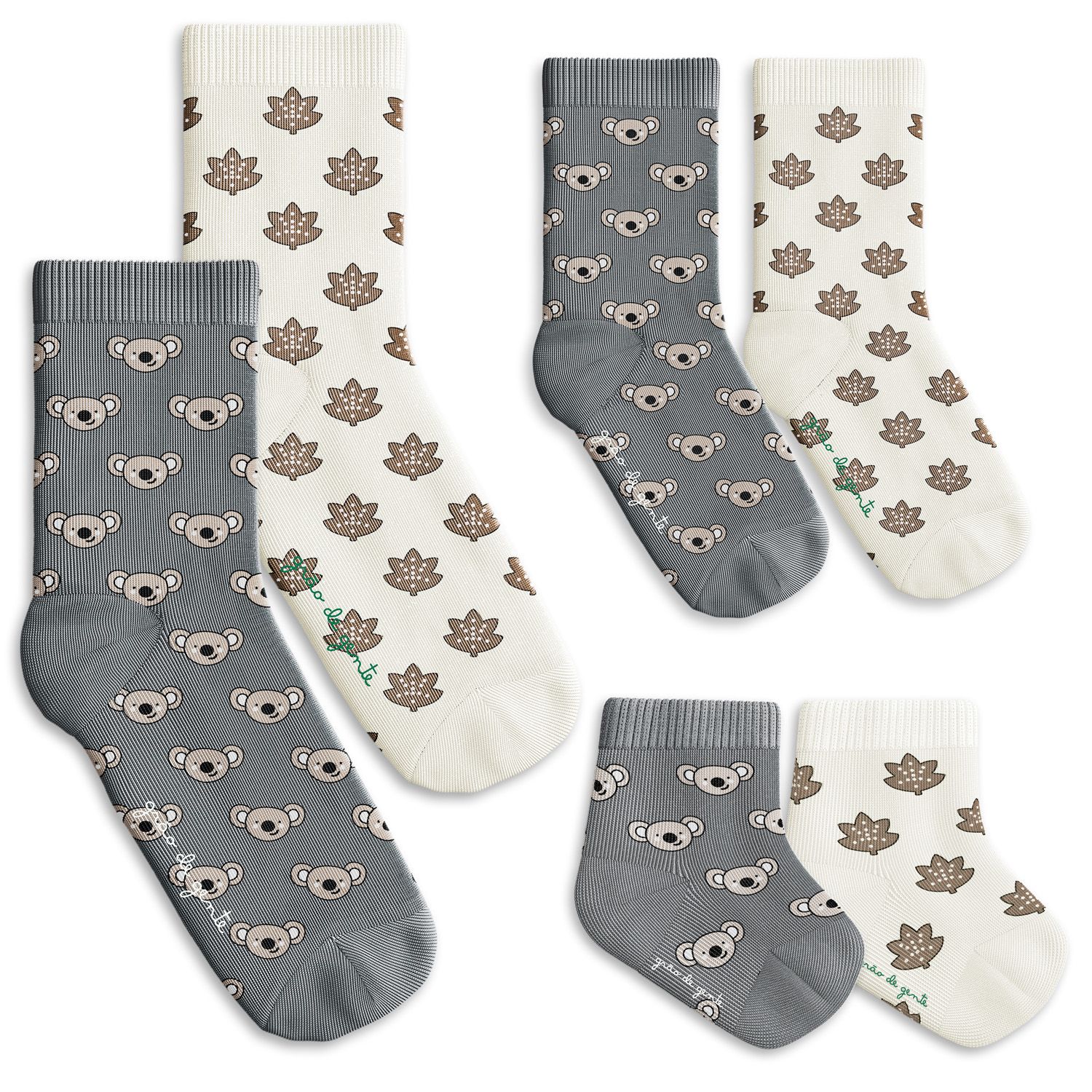 Kit Meia Tal Pai Tal Filhos Trocapé Coala e Folhas Cinza e Off White 6 Pares Tam 13/20, 25/28 e 39/43