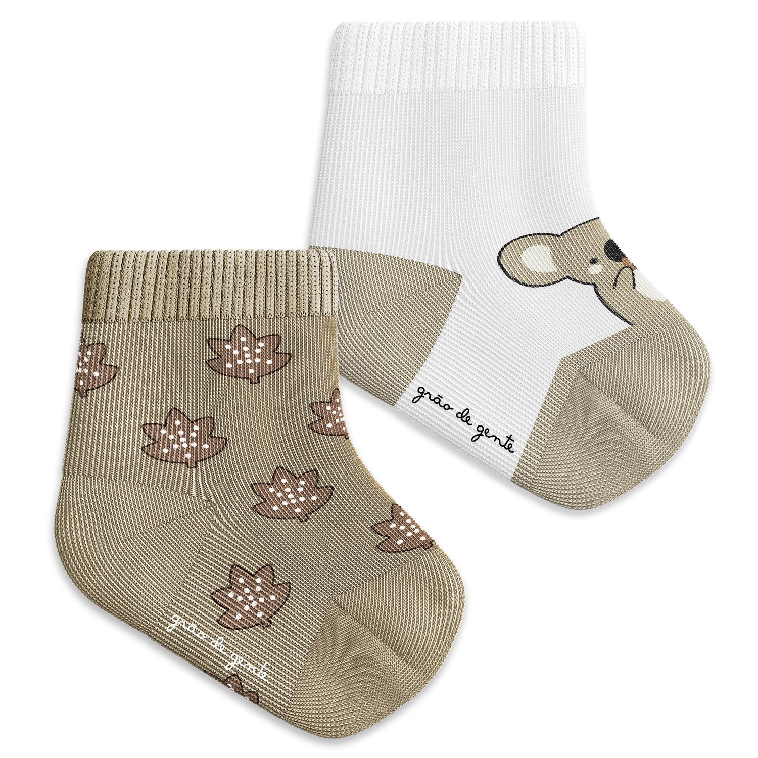 Kit Meia Bebê Coala e Folhas Bege 2 Pares