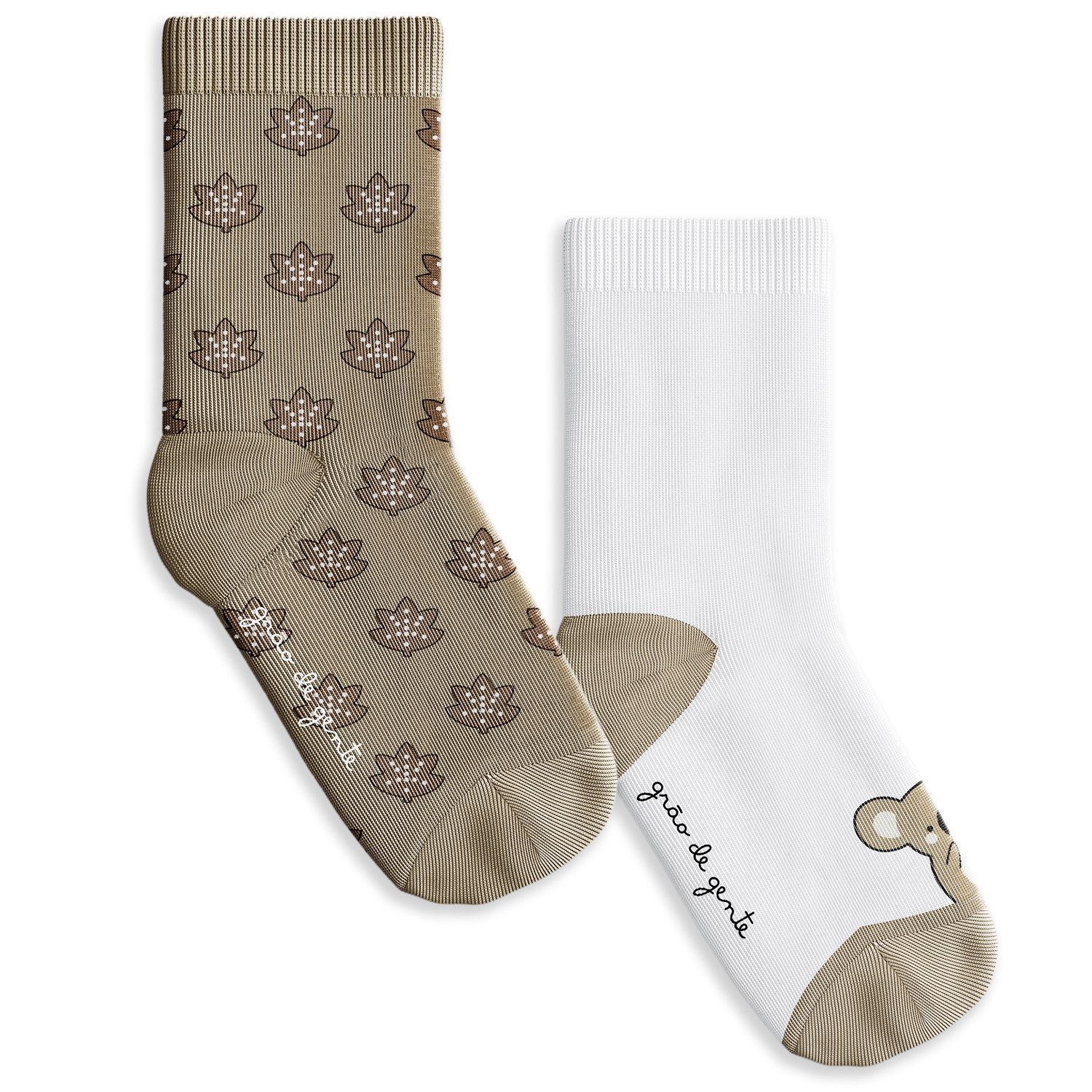 Kit Meia Bebê Coala e Folhas Bege 2 Pares