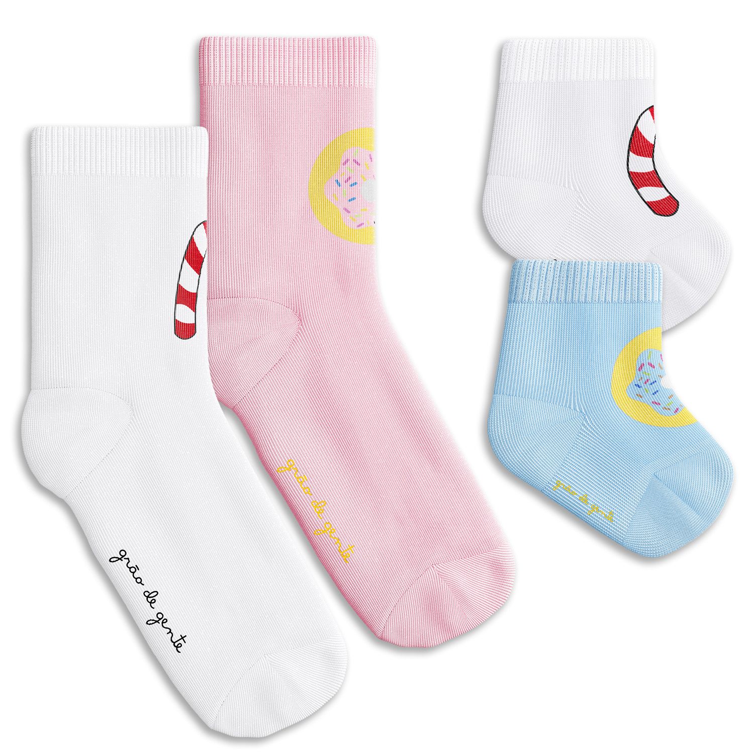 Kit Meia Bebê Tal Mãe Tal Filho Trocapé Pirulito e Donuts Rosa e Azul 4 Pares