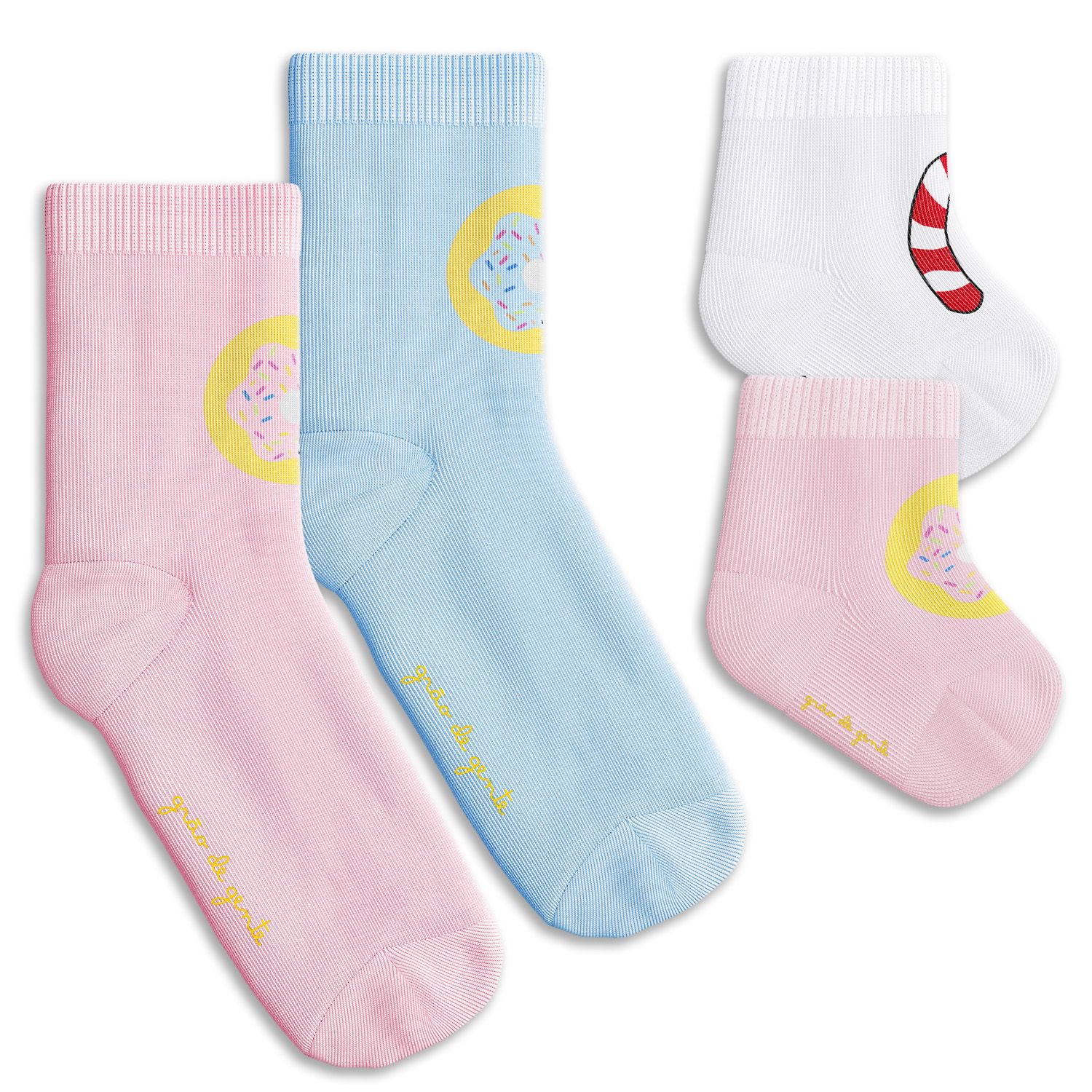 Kit Meia Bebê Família Trocapé Pirulito e Donuts Rosa e Azul 4 Pares