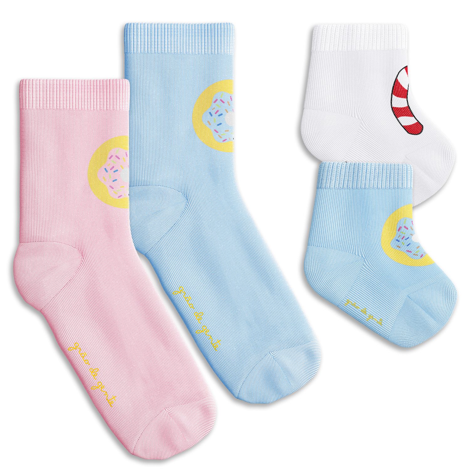 Kit Meia Bebê Família Trocapé Pirulito e Donuts Azul e Rosa 4 Pares