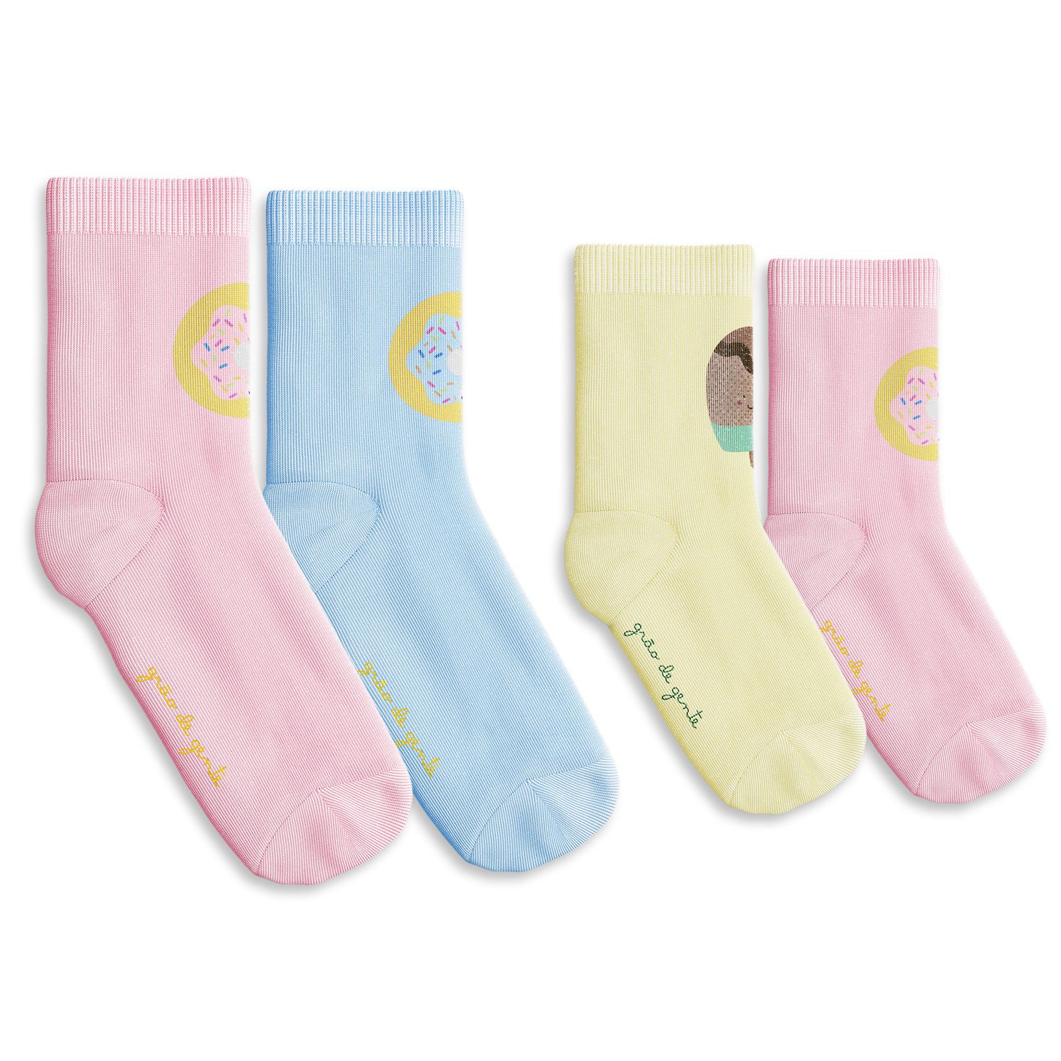 Kit Meia Infantil Família Trocapé Picolé e Donuts Rosa e Azul 4 Pares