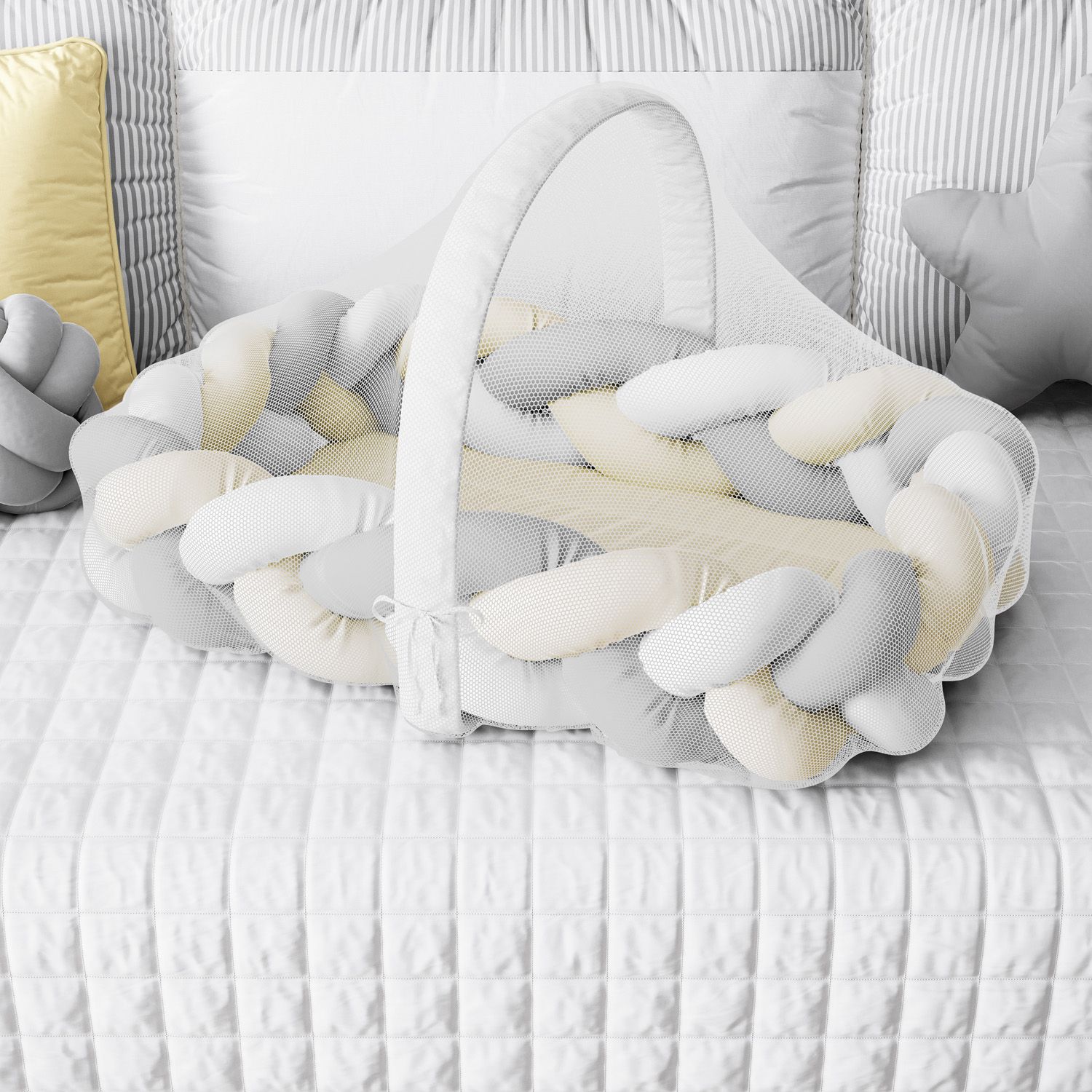 Ninho para Bebê Trança com Mosquiteiro Rosa e Cinza 80cm