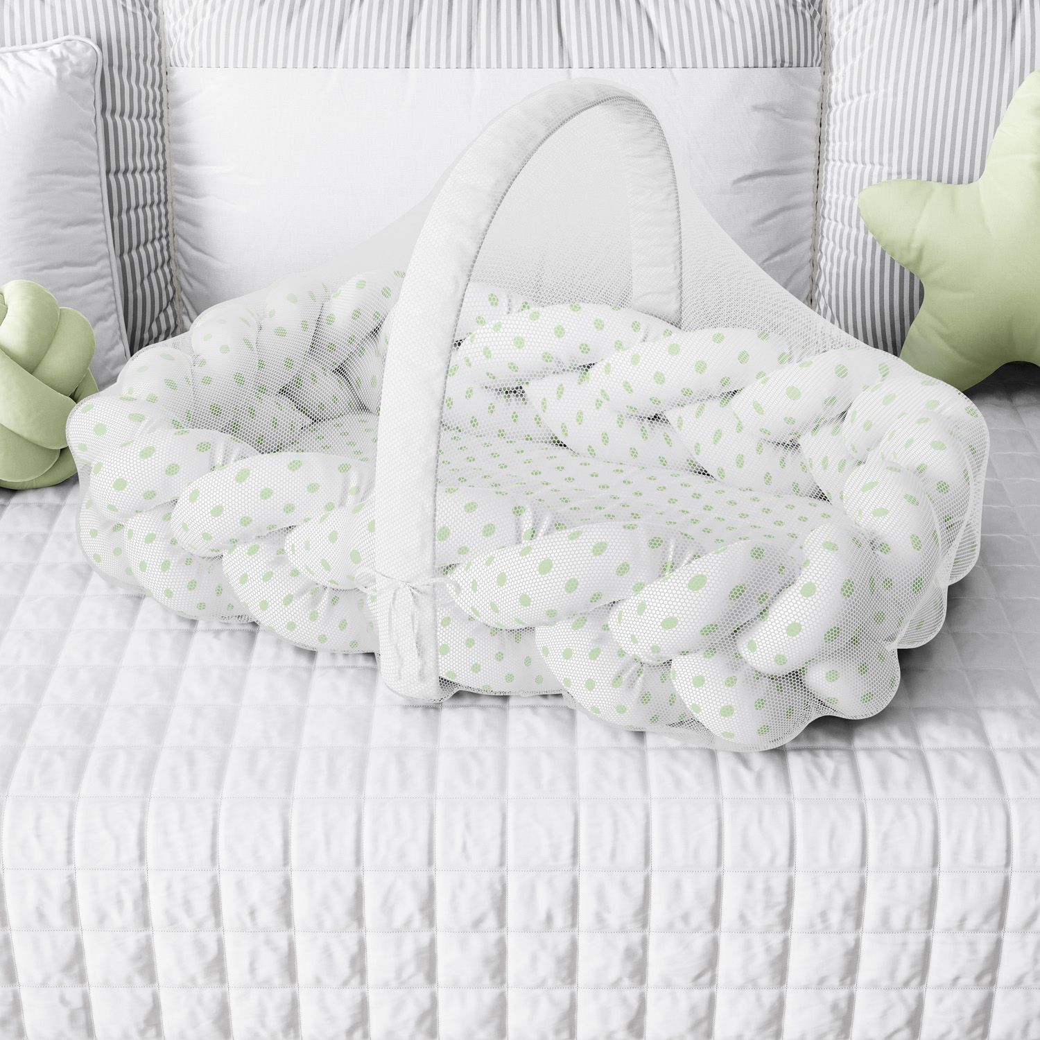 Ninho para Bebê Trança com Mosquiteiro Poá Verde 80cm