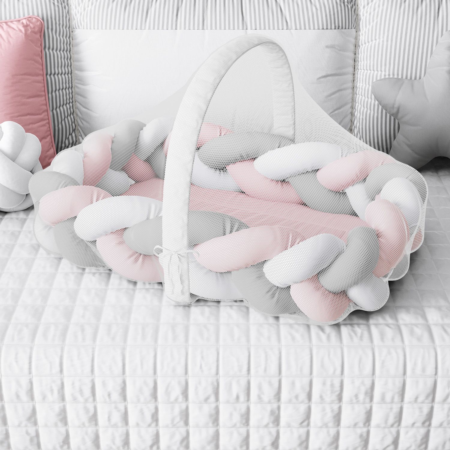 Ninho para Bebê Trança com Mosquiteiro Rosa e Cinza 80cm