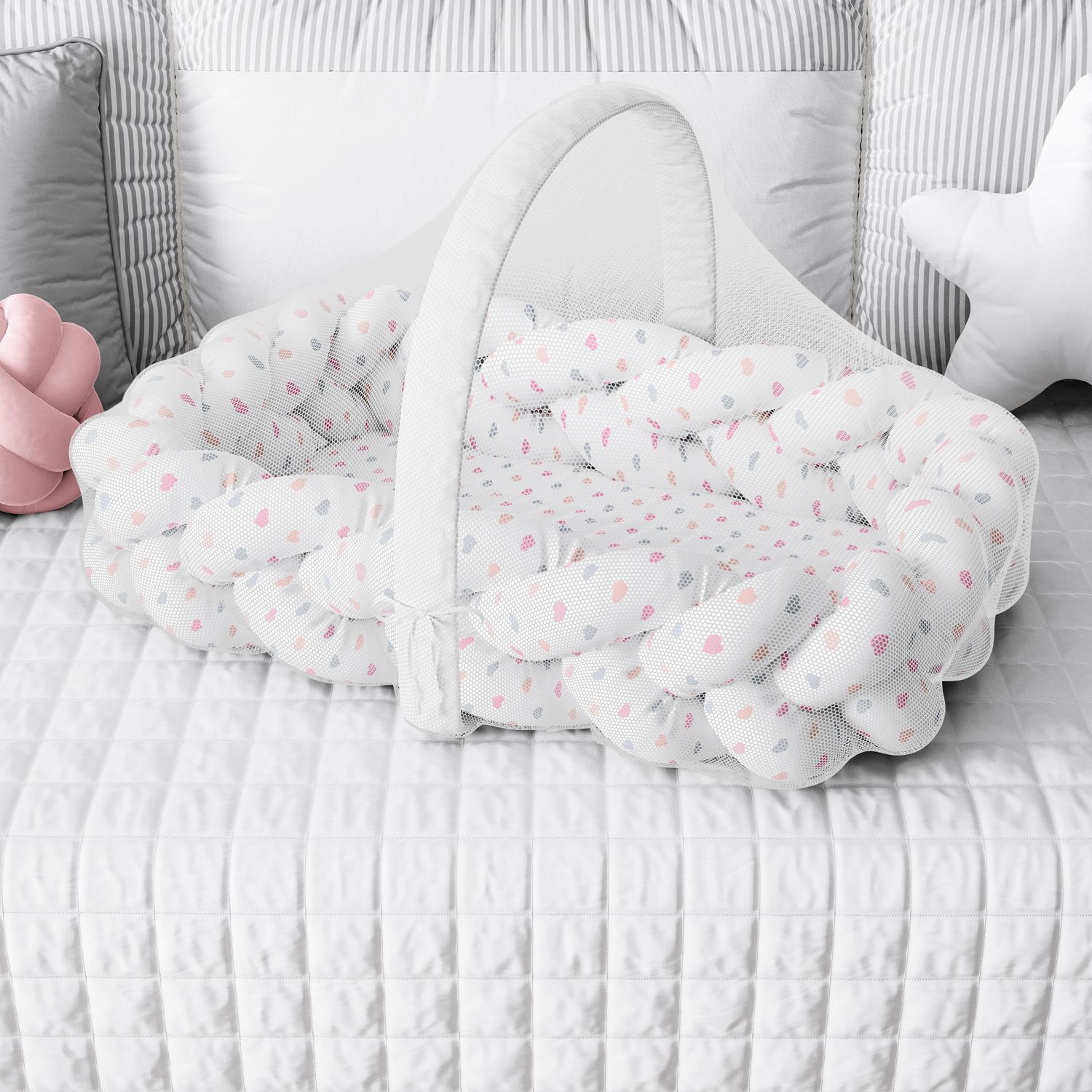 Ninho para Bebê Trança com Mosquiteiro Corações Rosa 80cm