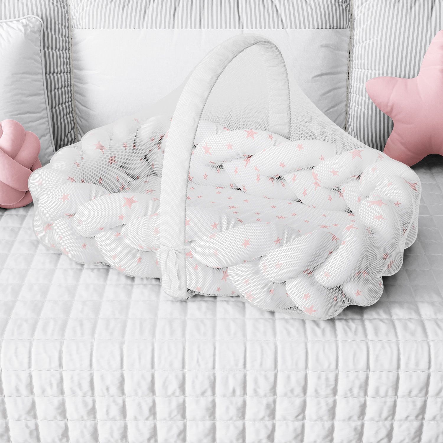 Ninho para Bebê Trança com Mosquiteiro Estrelinhas Rosa 80cm