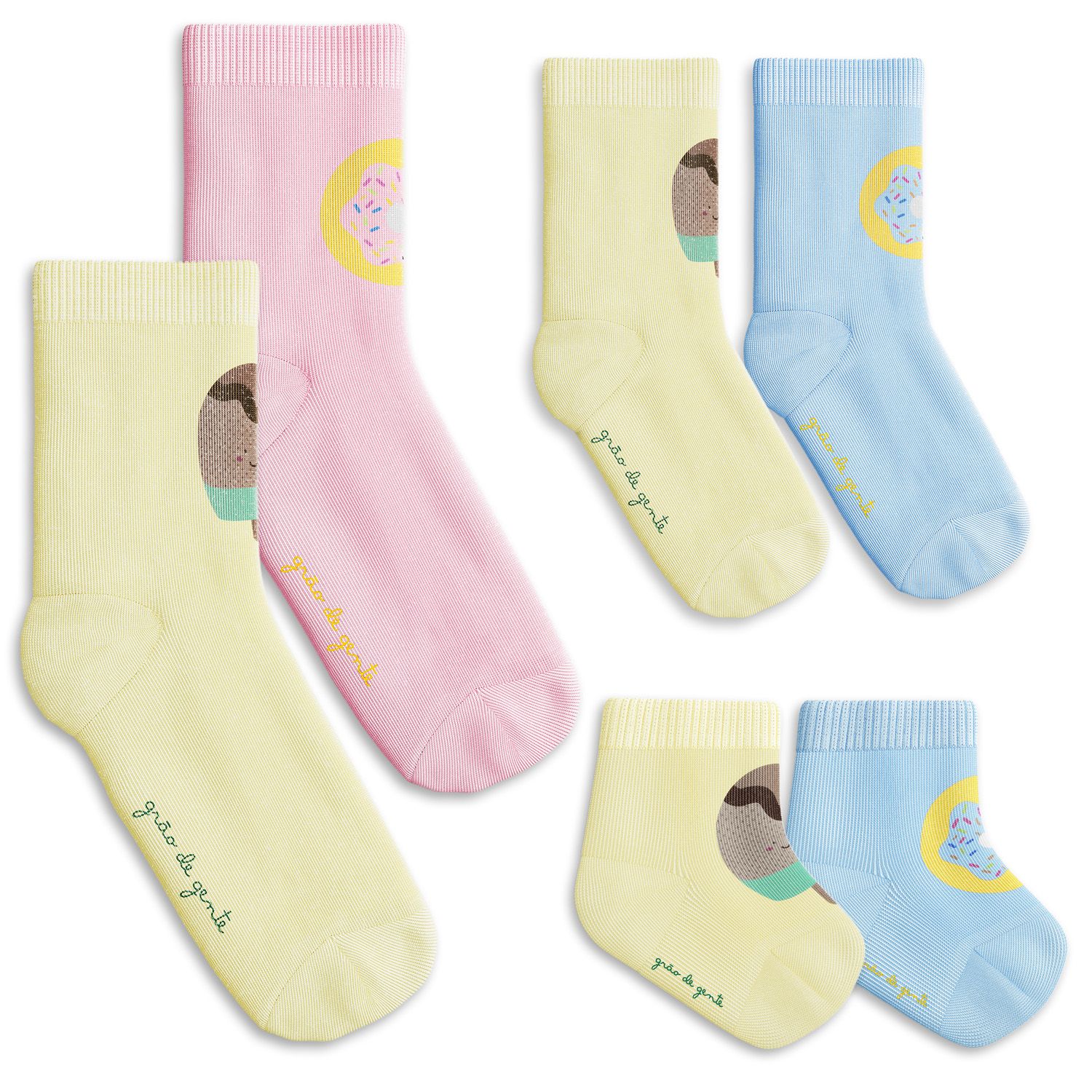 Kit Meia Tal Mãe Tal Filhos Trocapé Picolé e Donuts Azul e Rosa 6 Pares