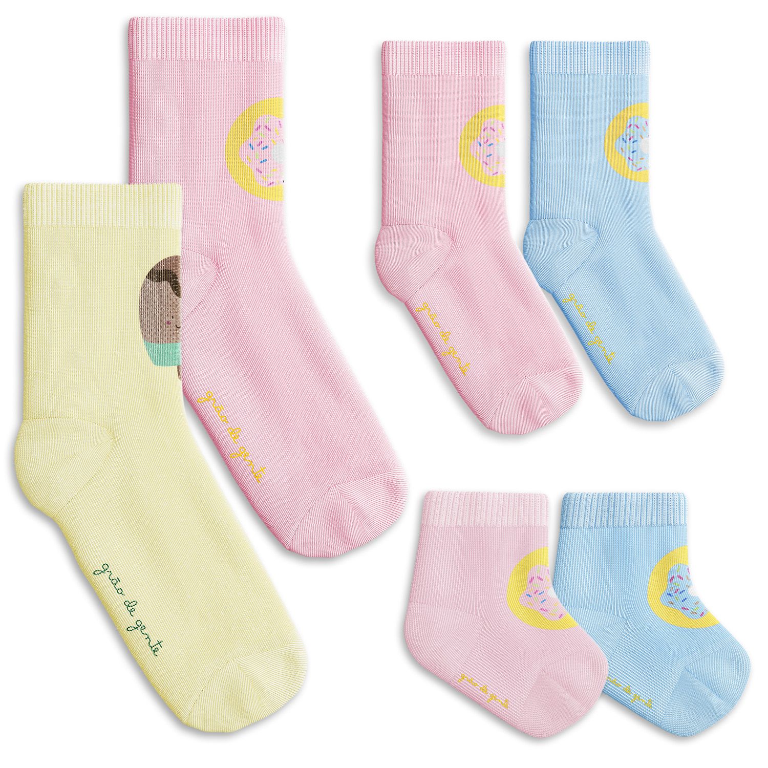 Kit Meia Tal Mãe Tal Filhos Trocapé Picolé e Donuts Rosa e Azul 6 Pares