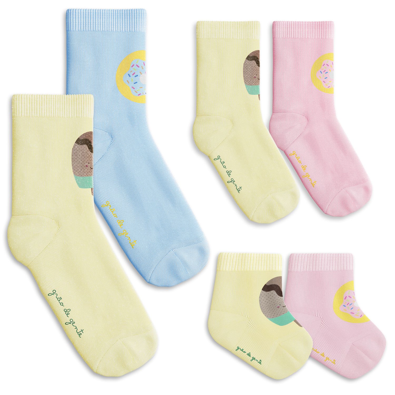 Kit Meia Tal Pai Tal Filhas Trocapé Picolé e Donuts Rosa e Azul 6 Pares