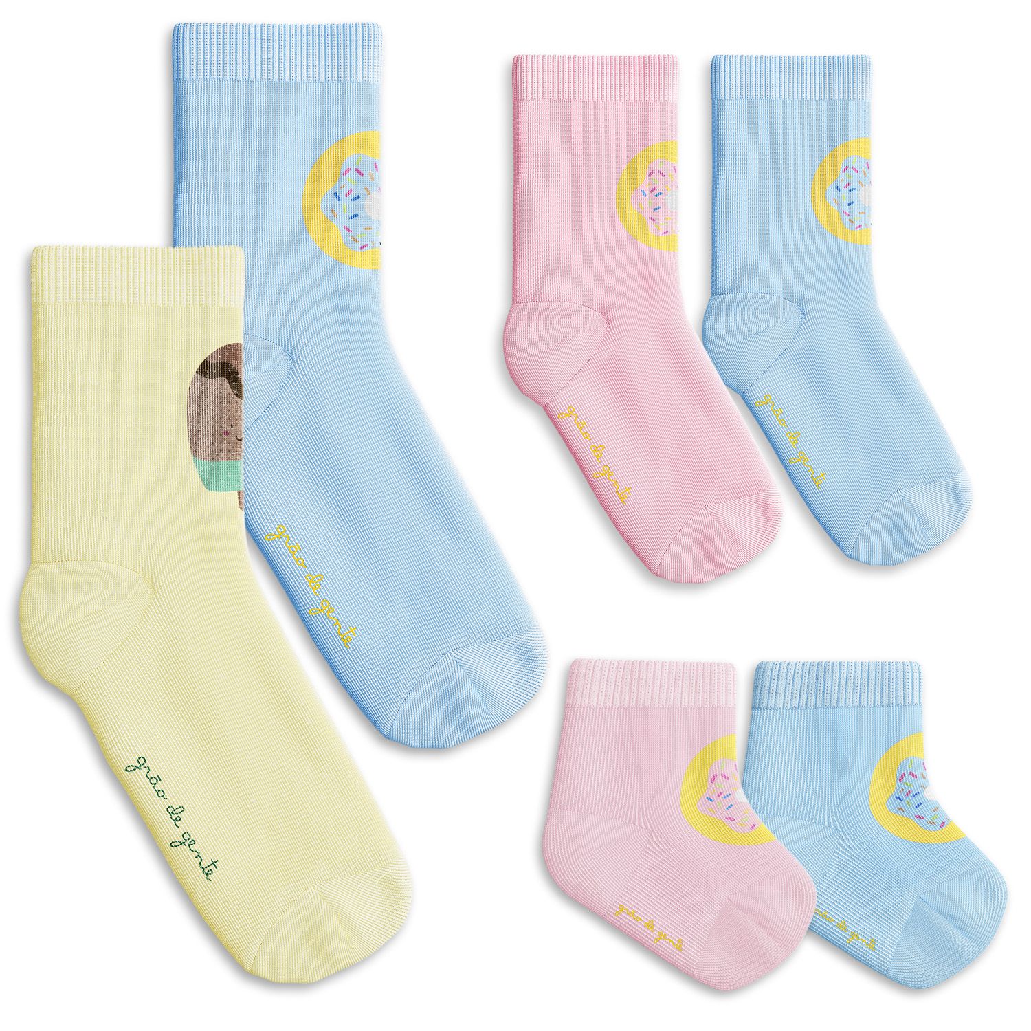 Kit Meia Tal Pai Tal Filhos Trocapé Picolé e Donuts Azul e Rosa 6 Pares
